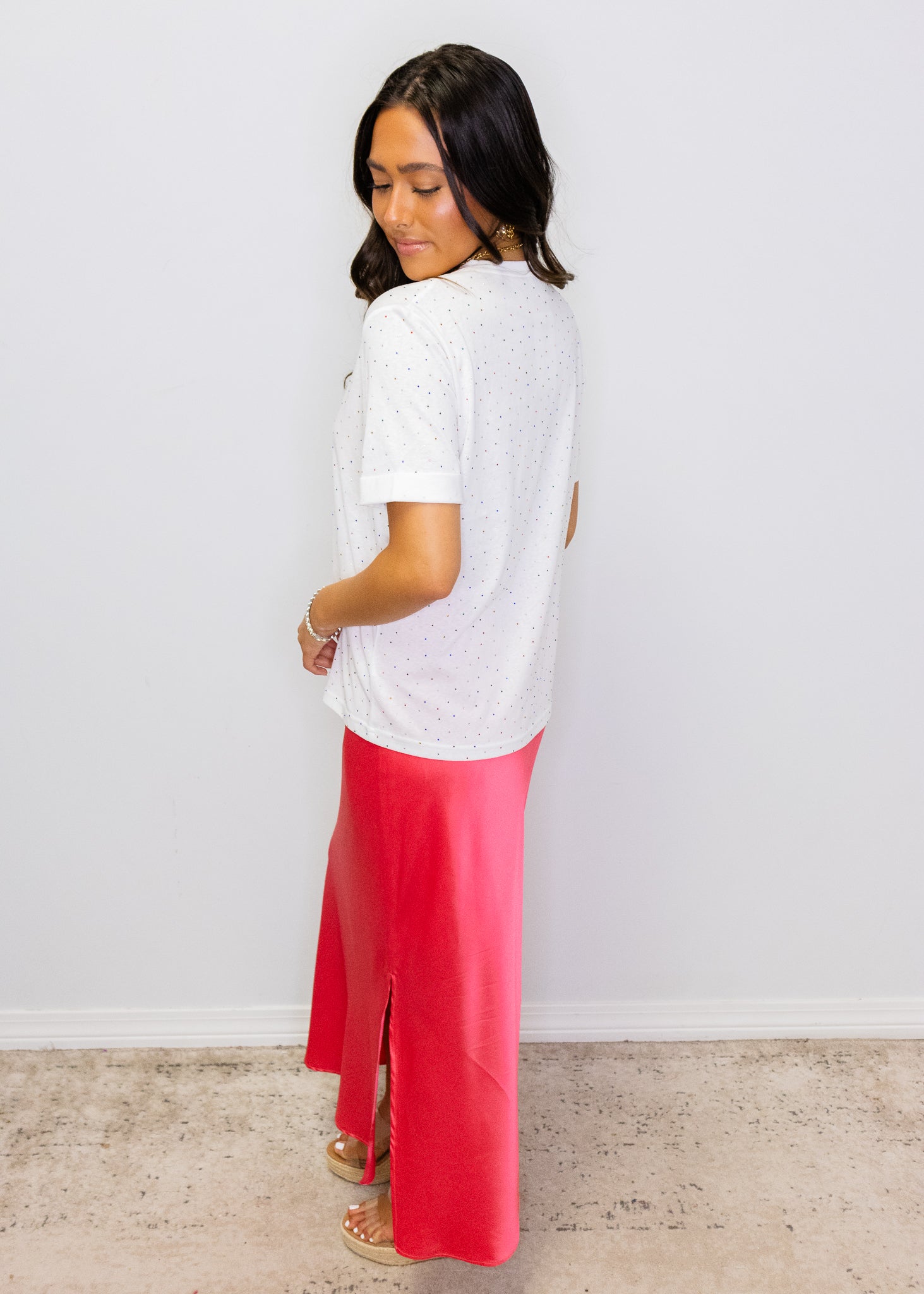 White Rhinestone Embellished Crew Neck Tee