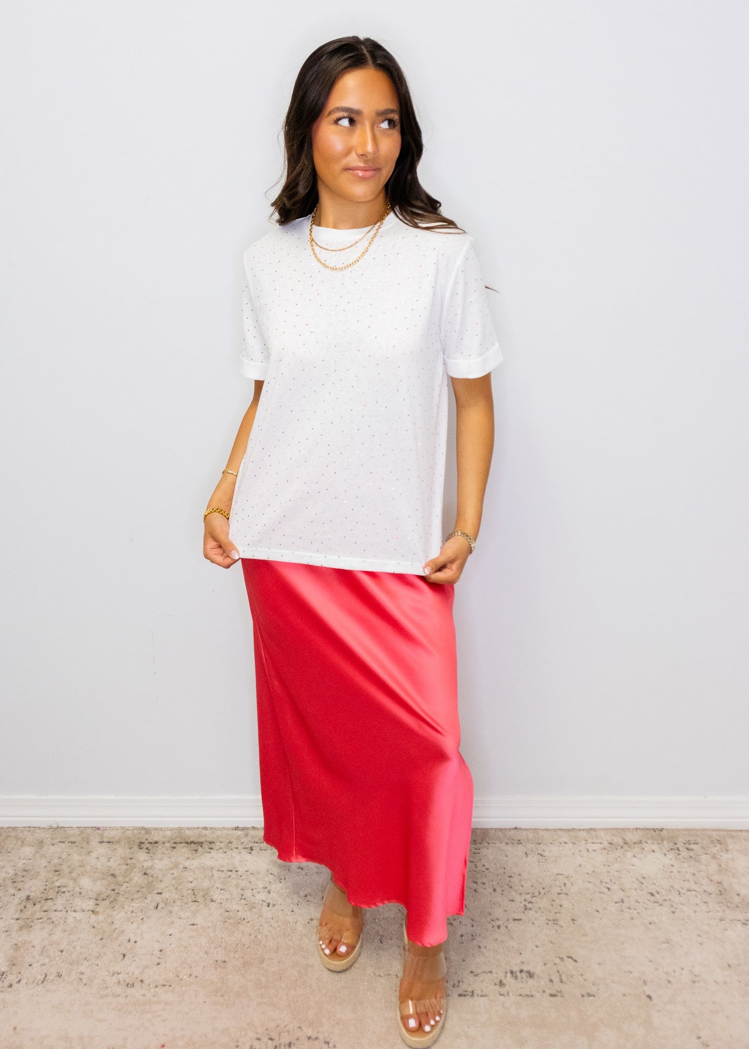 White Rhinestone Embellished Crew Neck Tee