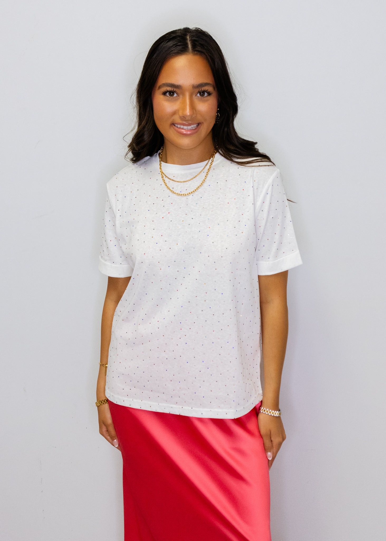 White Rhinestone Embellished Crew Neck Tee
