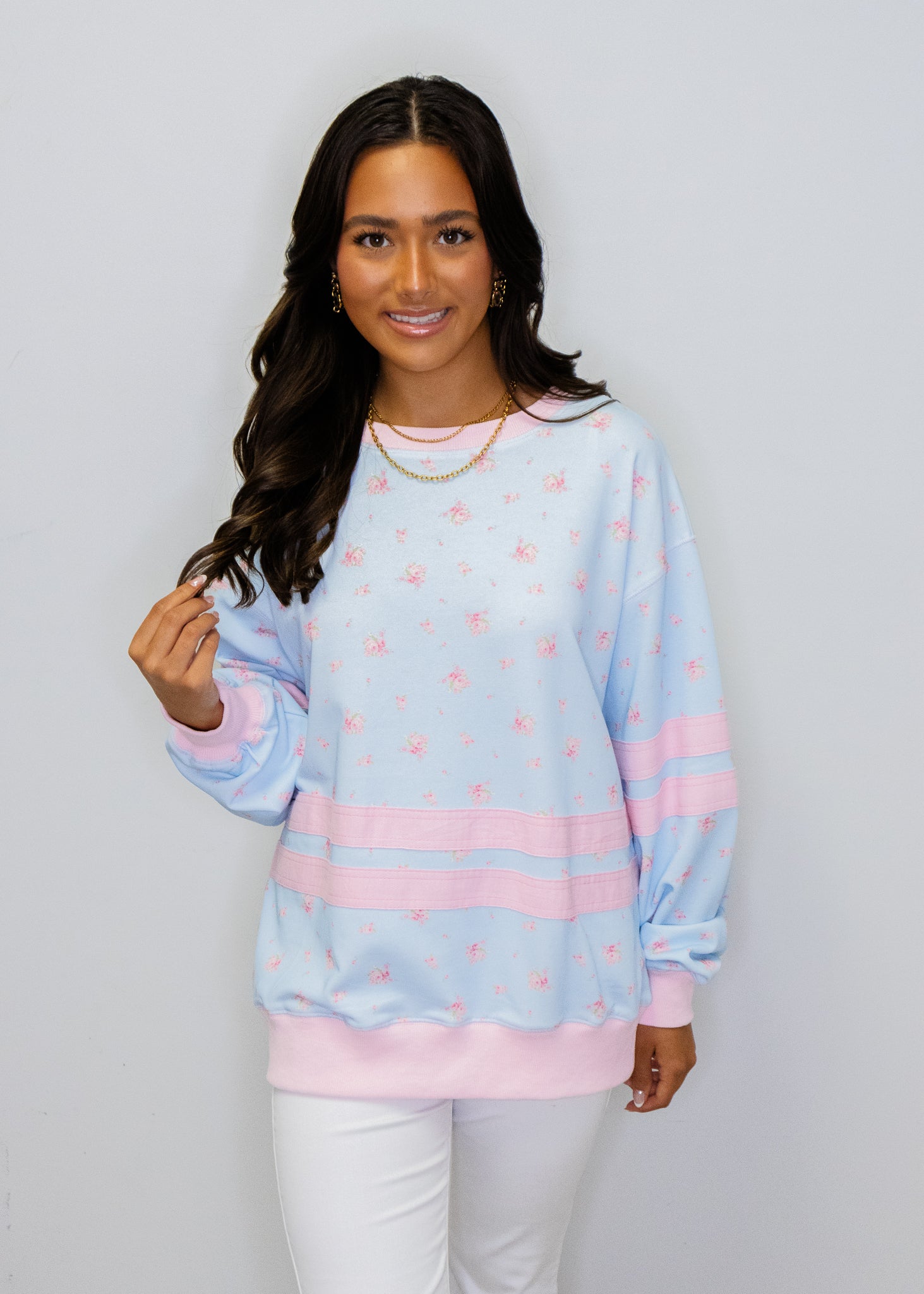 Blue & Pink Floral Stripe Top