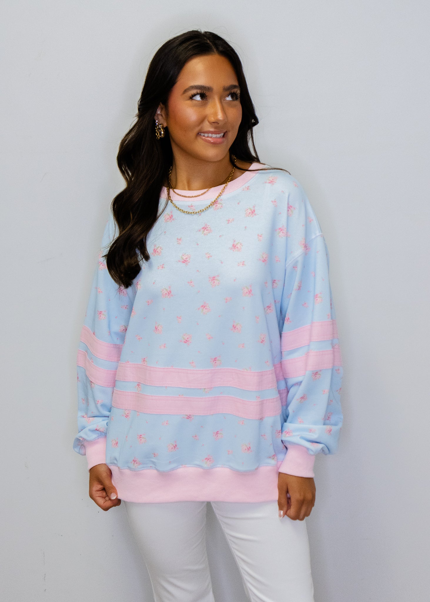 Blue & Pink Floral Stripe Top