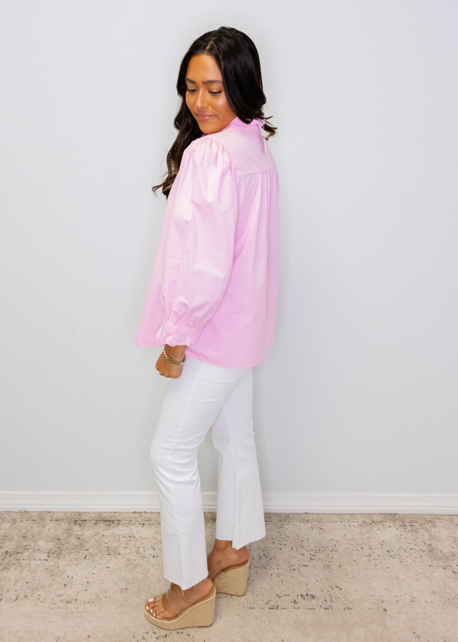 Pink Eyelet Detail Button Top