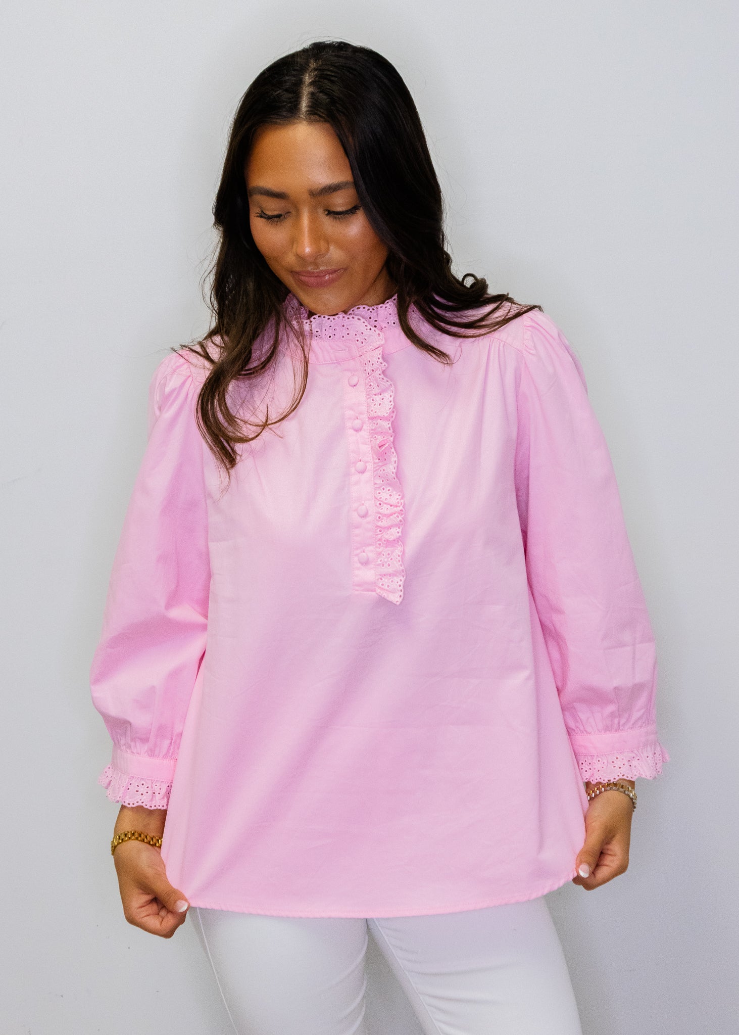 Pink Eyelet Detail Button Top