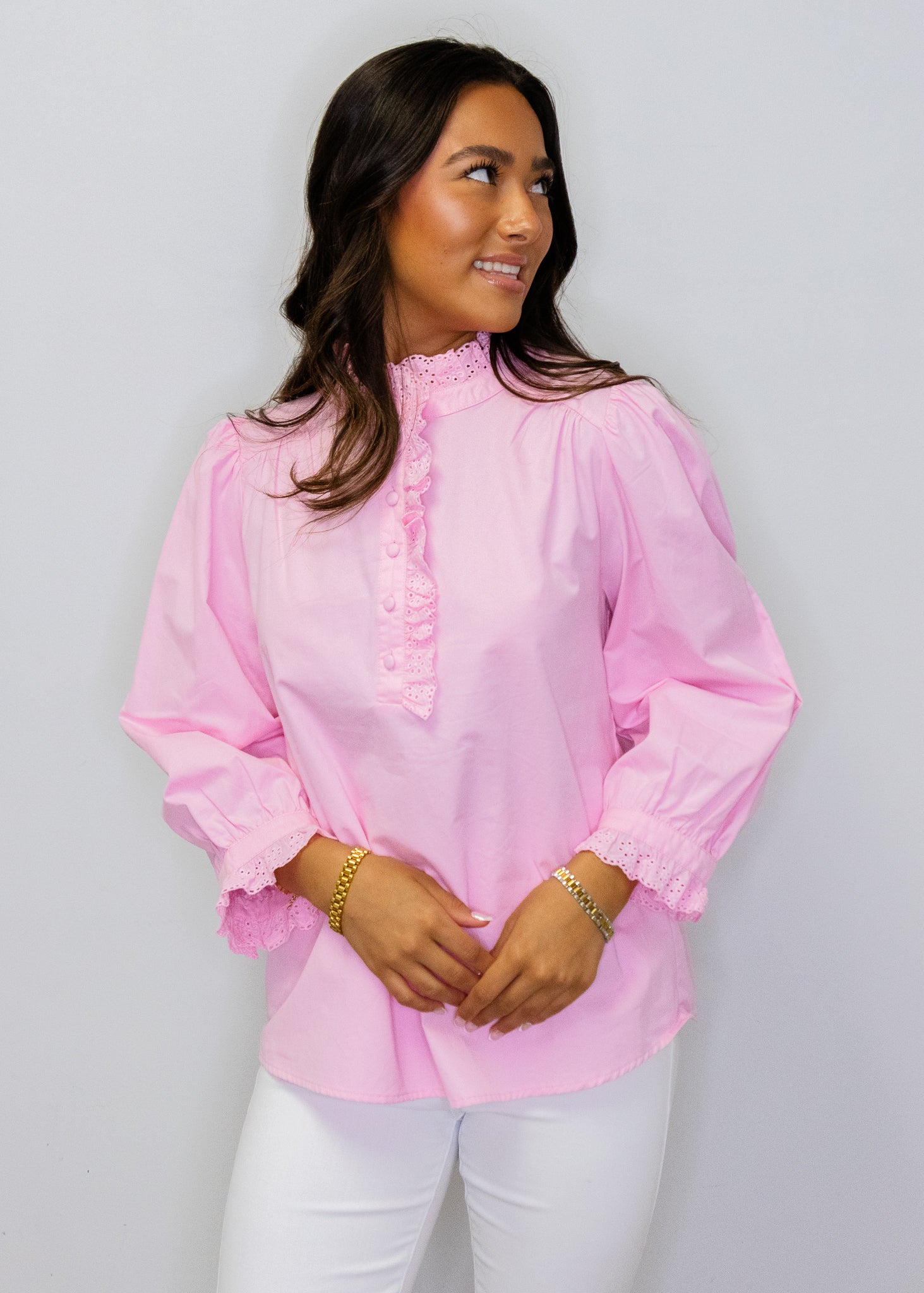 Pink Eyelet Detail Button Top