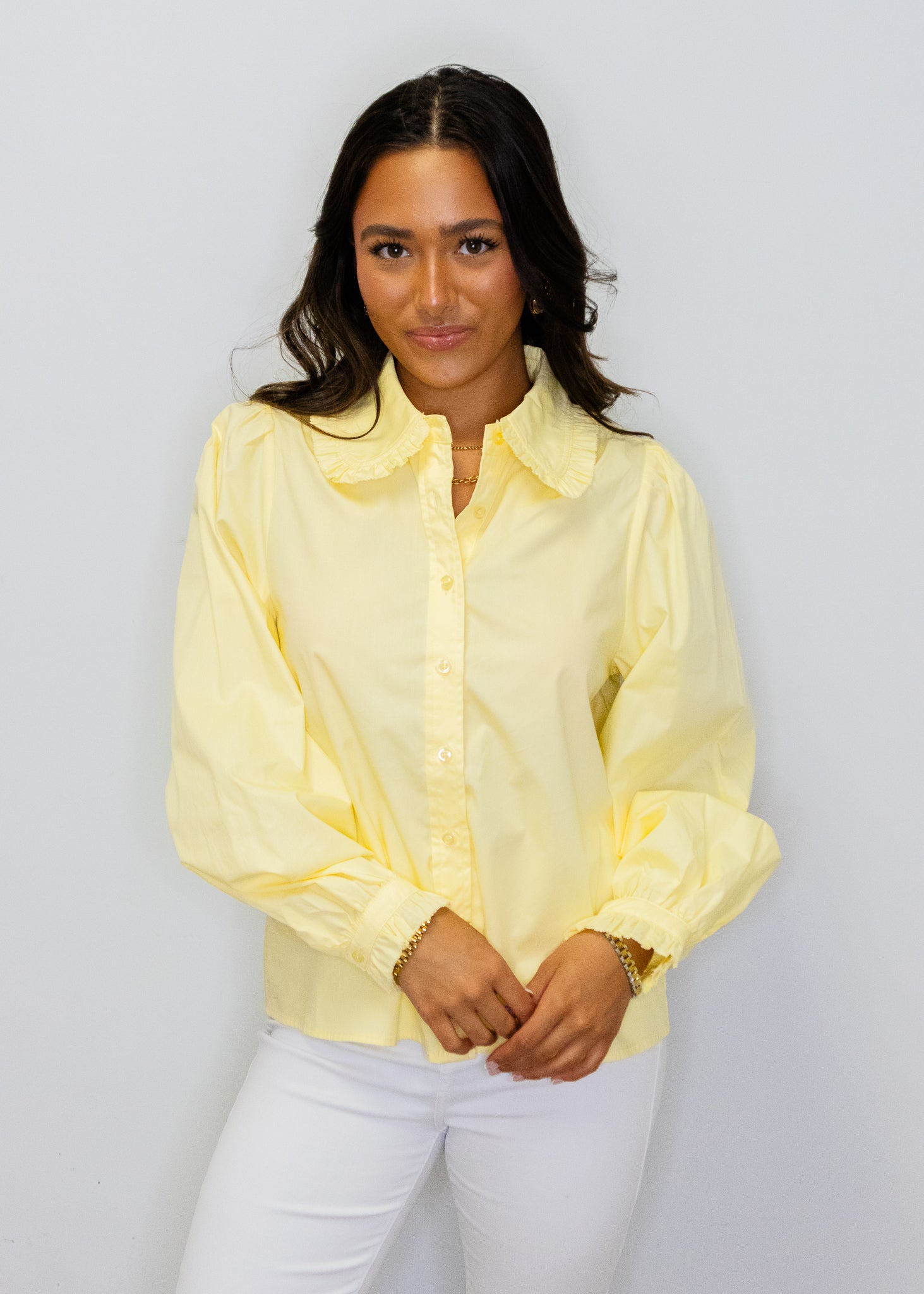 Yellow Ruffle Detail Button Top