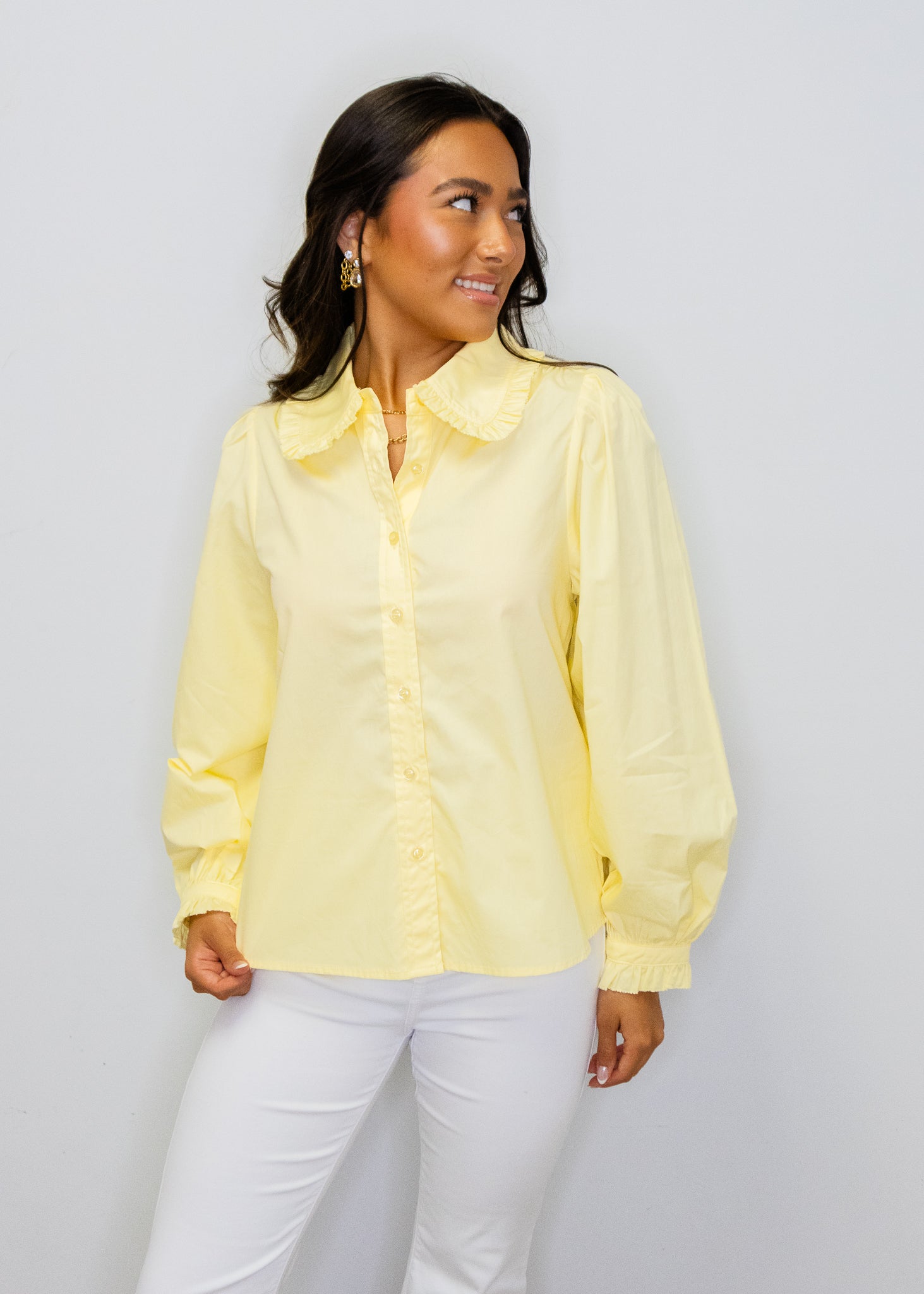 Yellow Ruffle Detail Button Top