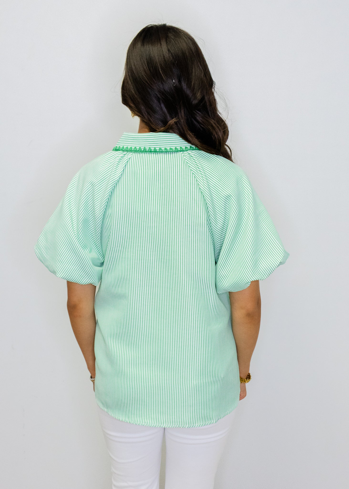 Green Stripe Embroidery Detail Top
