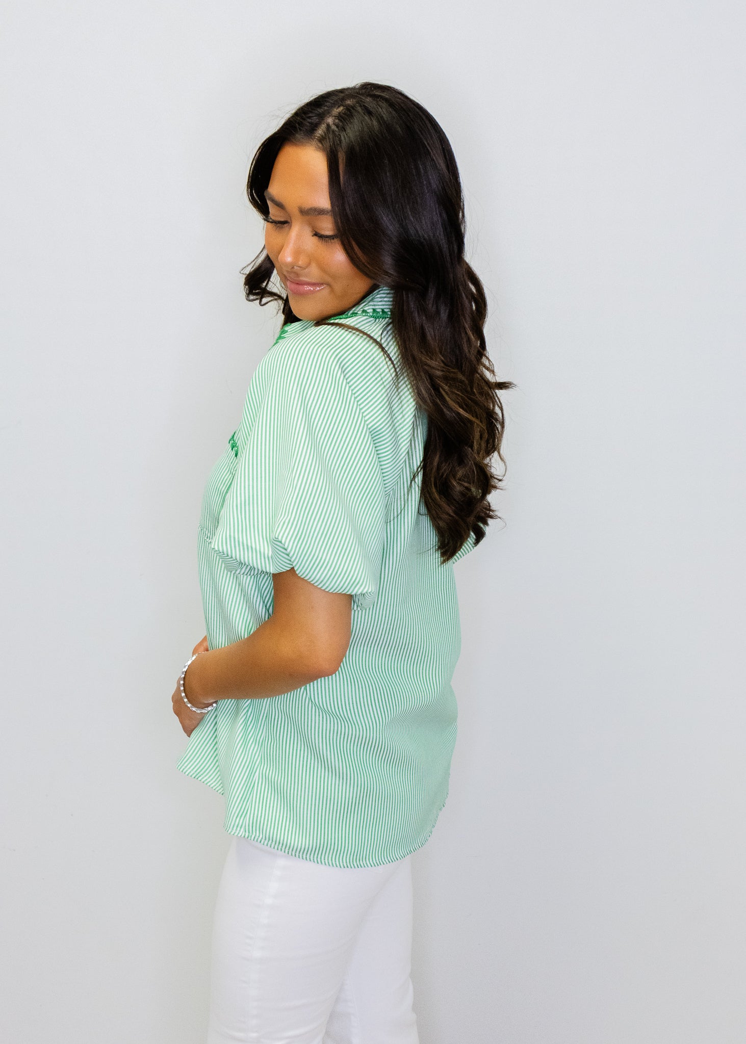 Green Stripe Embroidery Detail Top