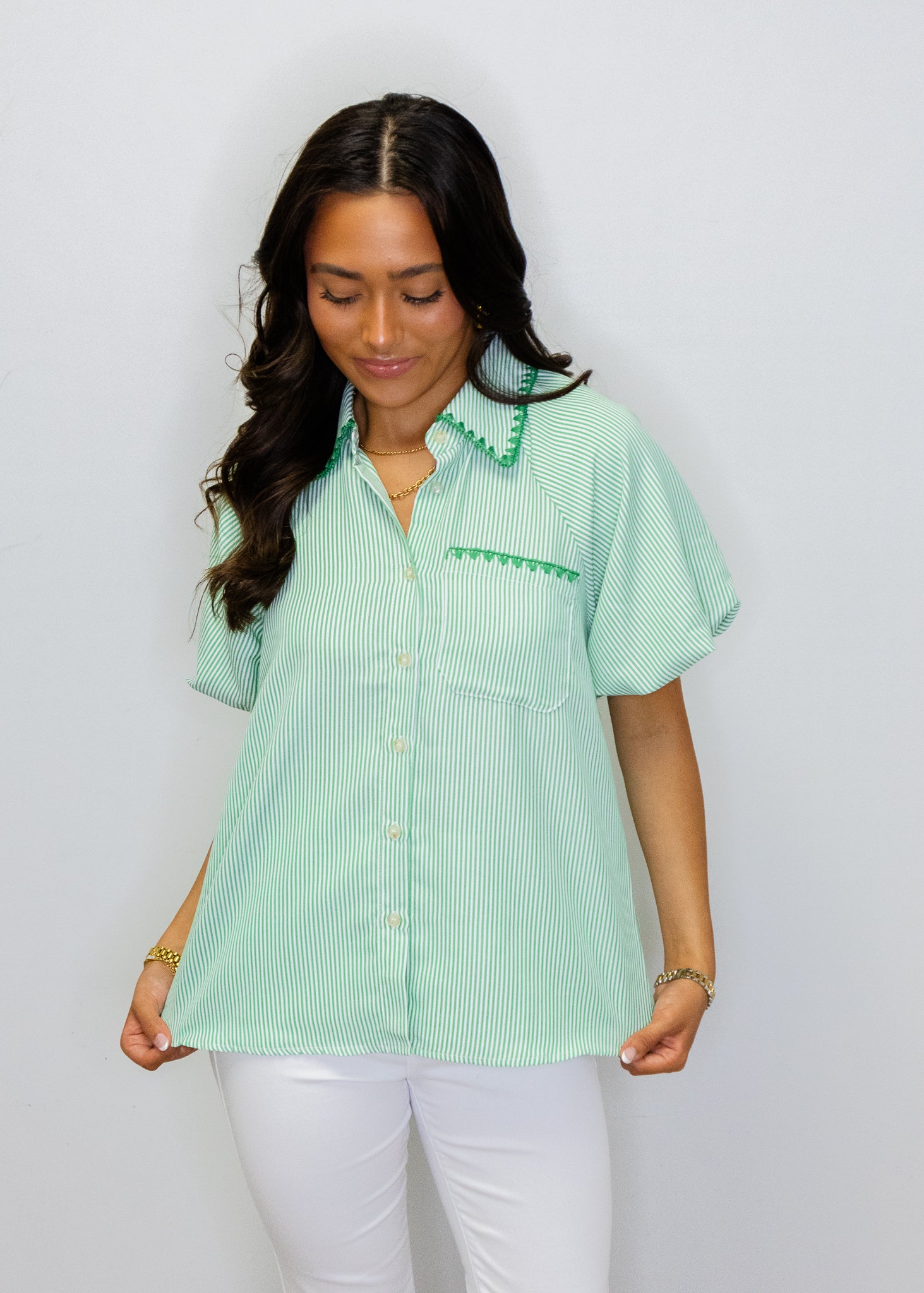 Green Stripe Embroidery Detail Top