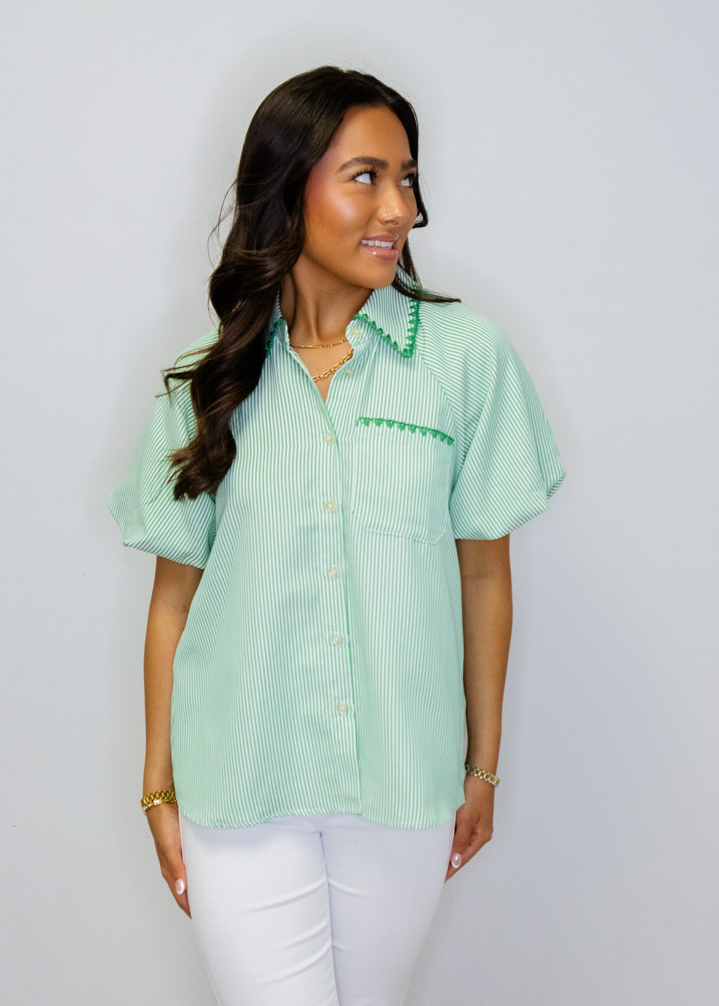 Green Stripe Embroidery Detail Top