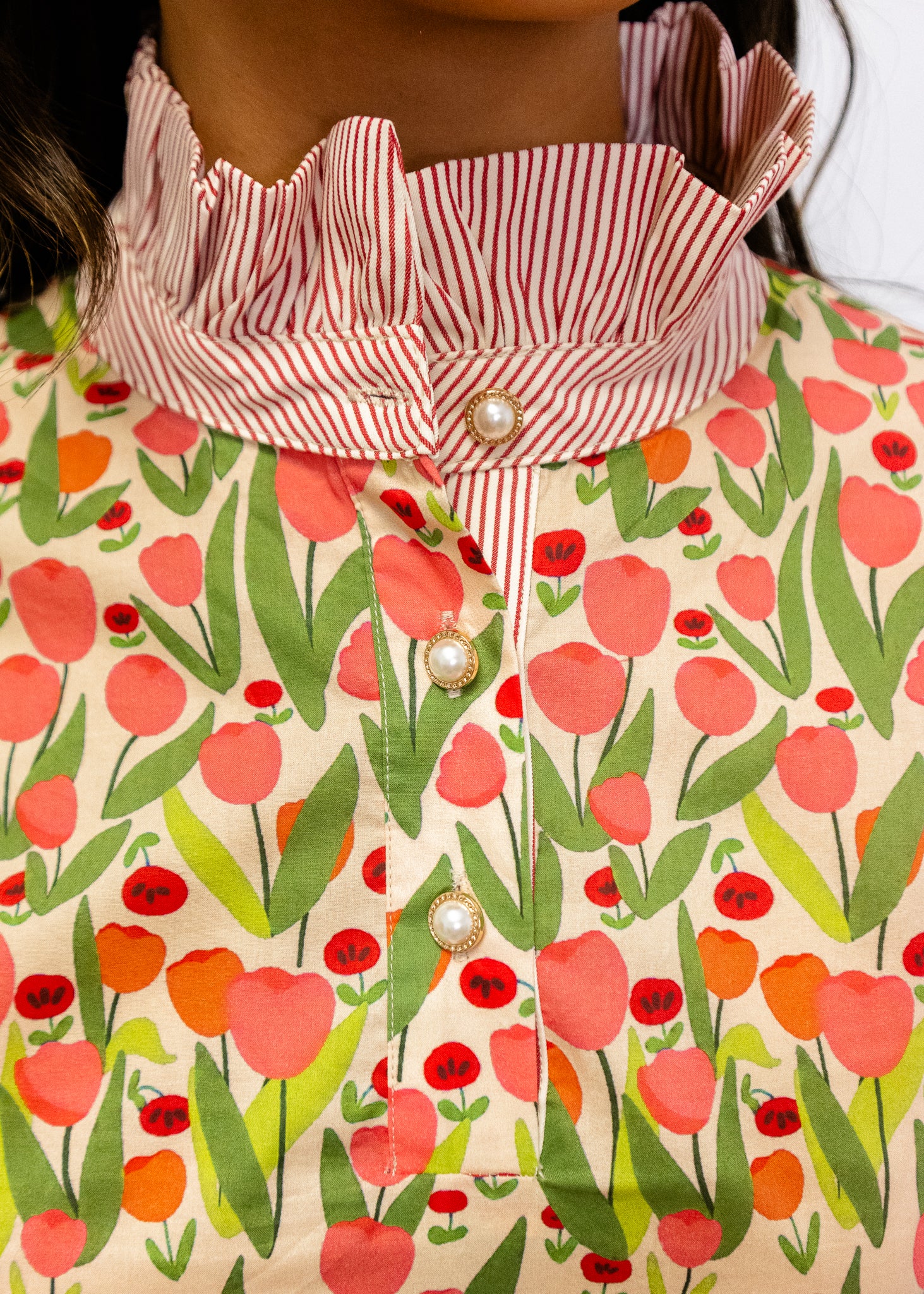 Red Floral Stripe Contrast Top