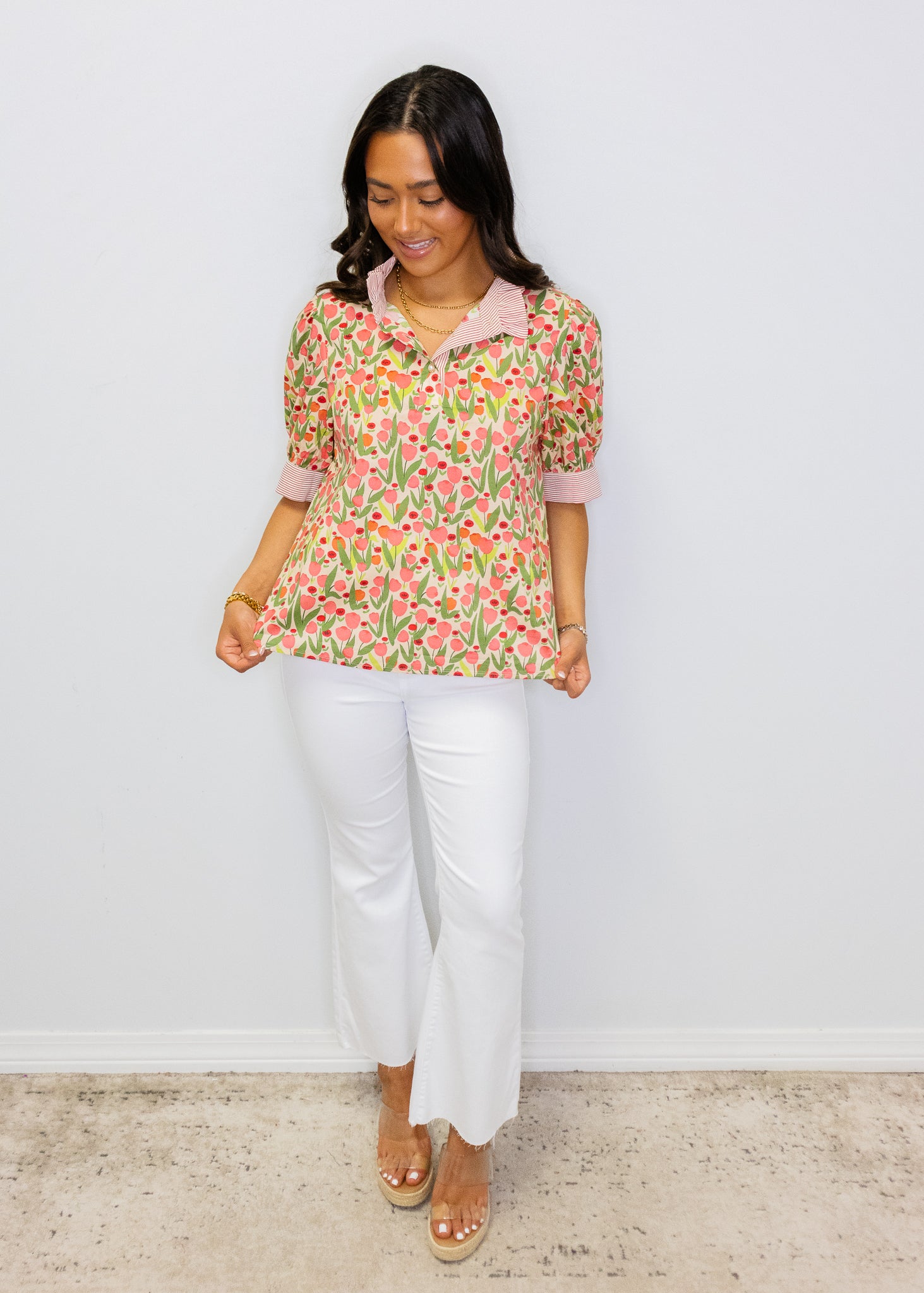 Red Floral Stripe Contrast Top