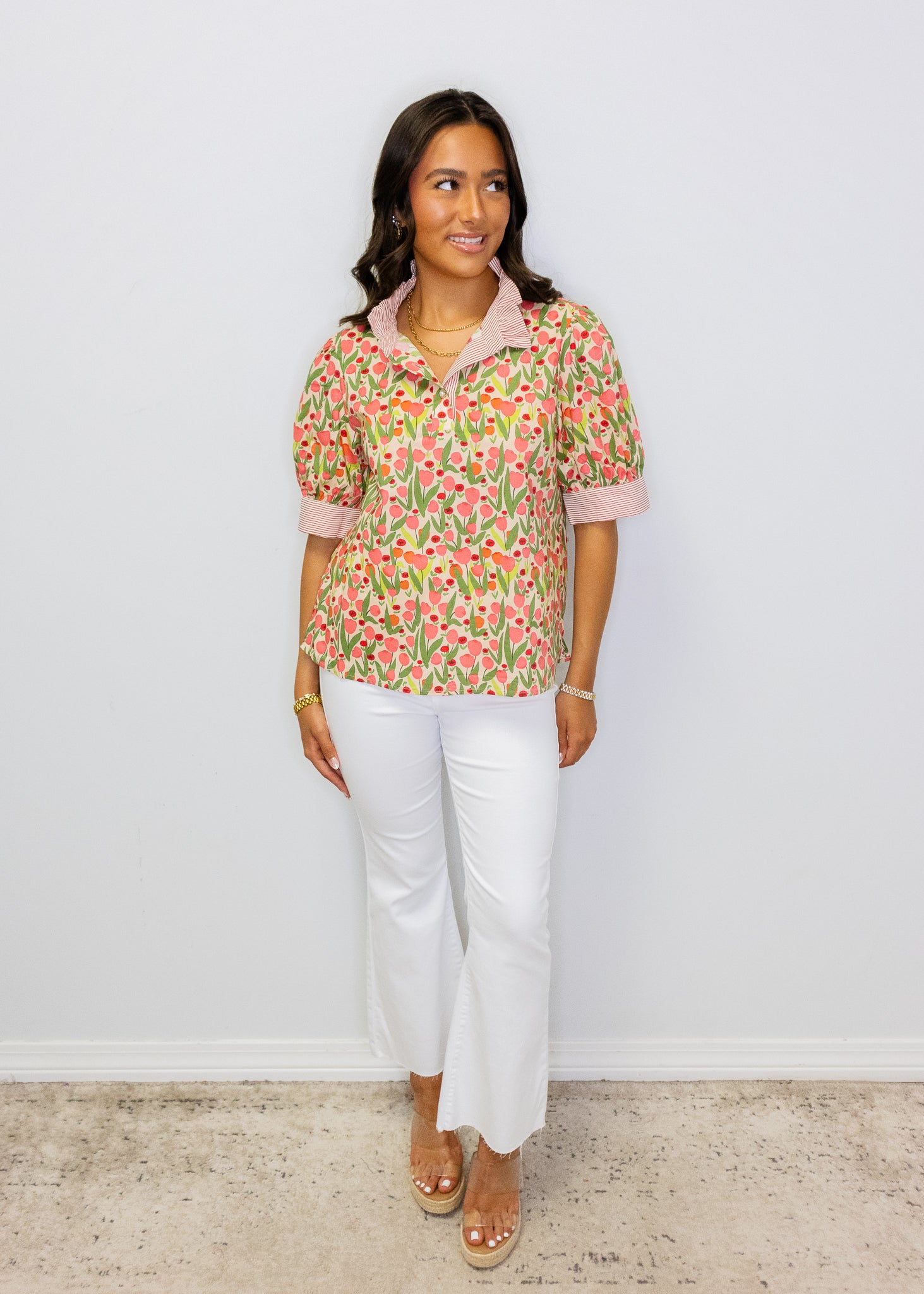 Red Floral Stripe Contrast Top