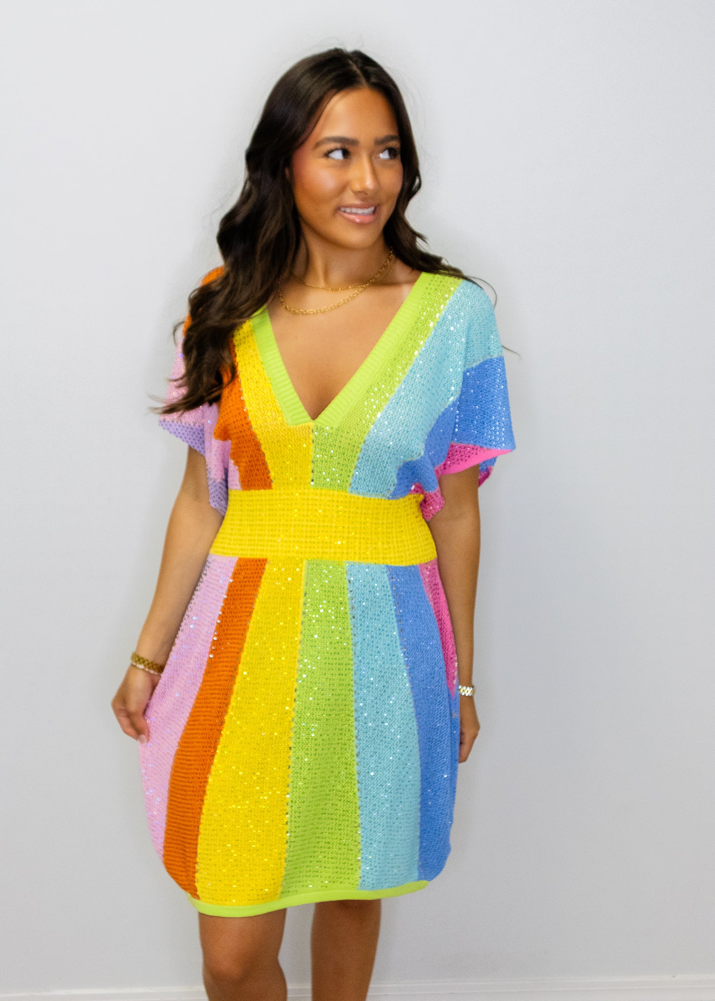 Rainbow Rhinestone V Neck Dress