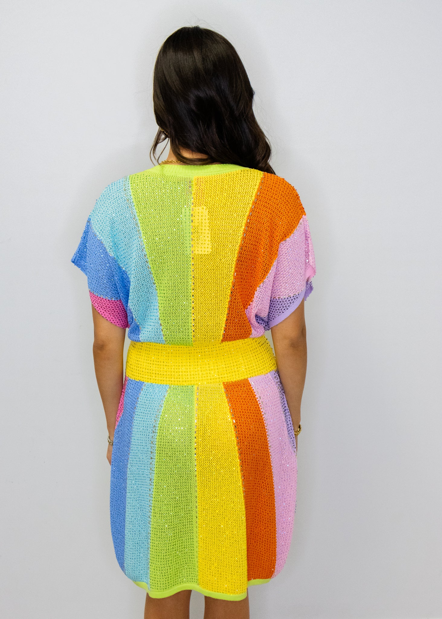 Rainbow Rhinestone V Neck Dress