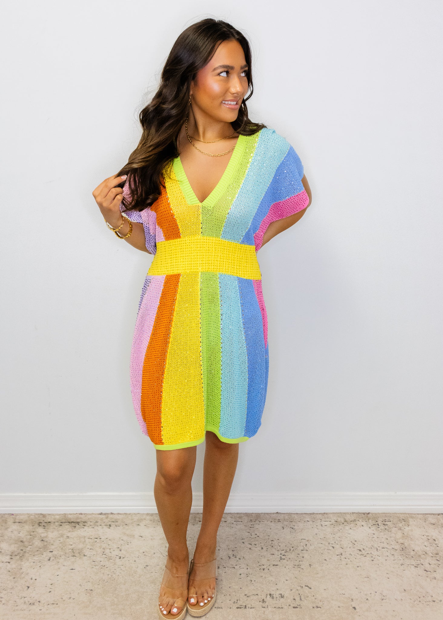 Rainbow Rhinestone V Neck Dress