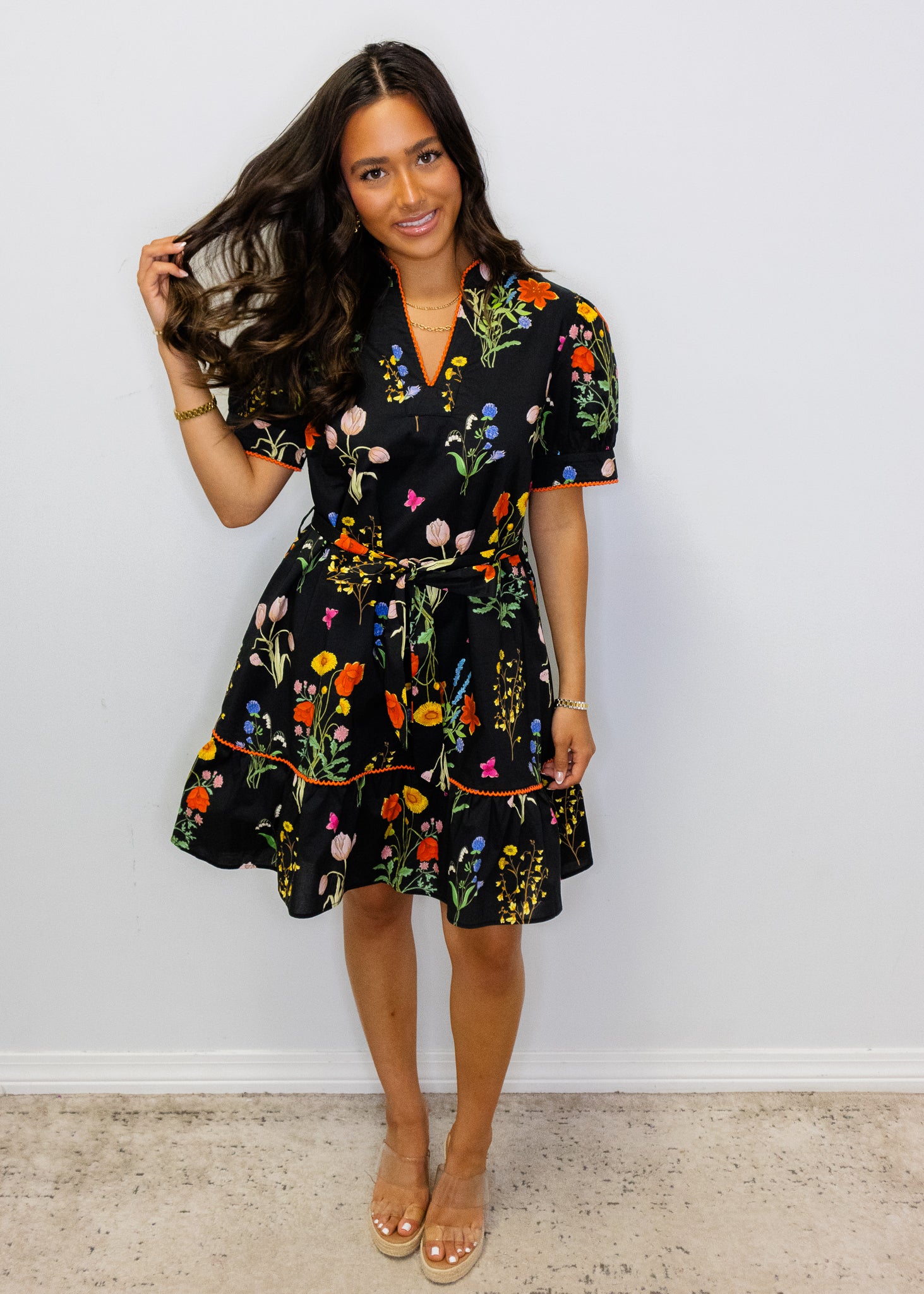 Black Multi Floral Belted Dress