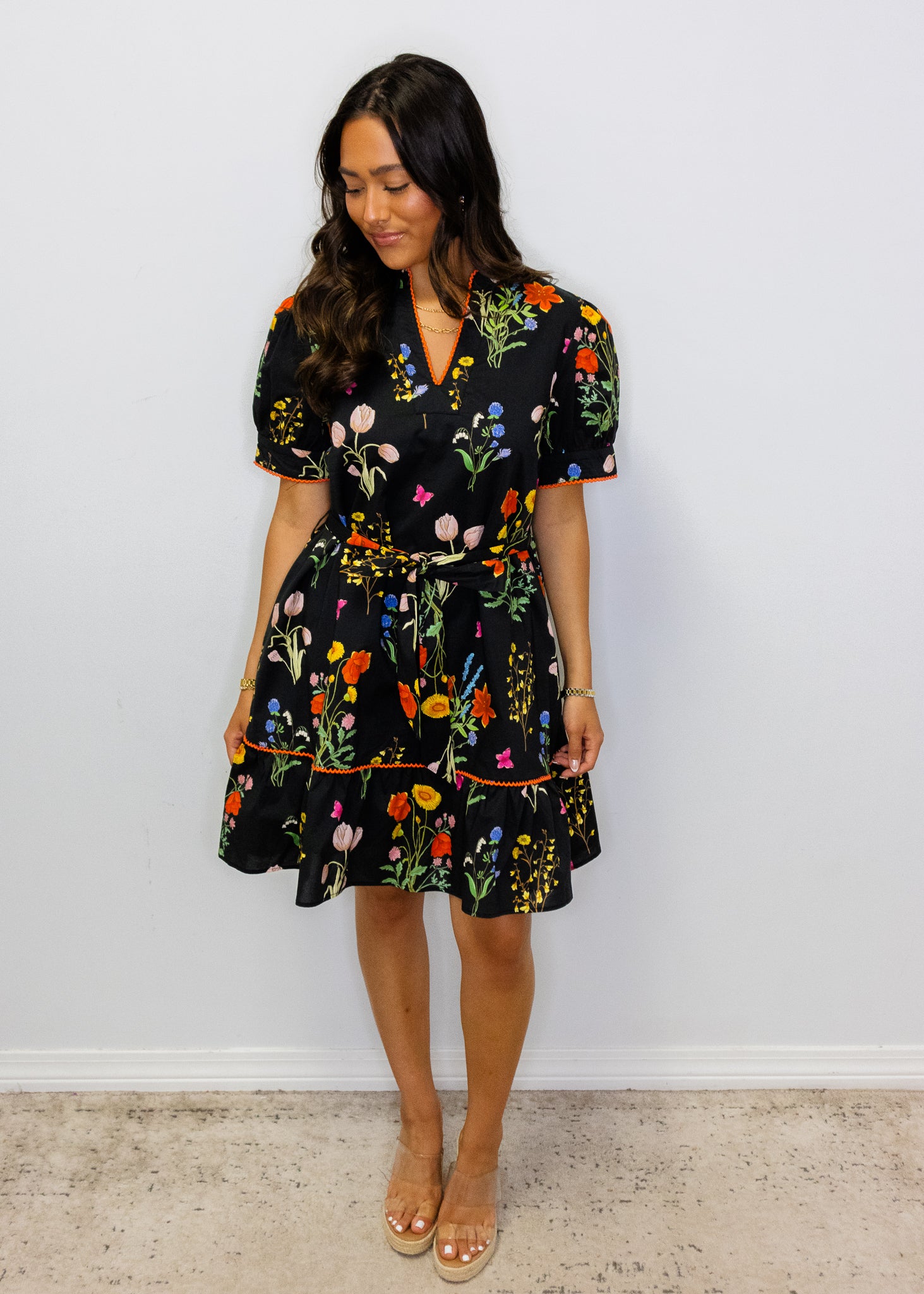 Black Multi Floral Belted Dress