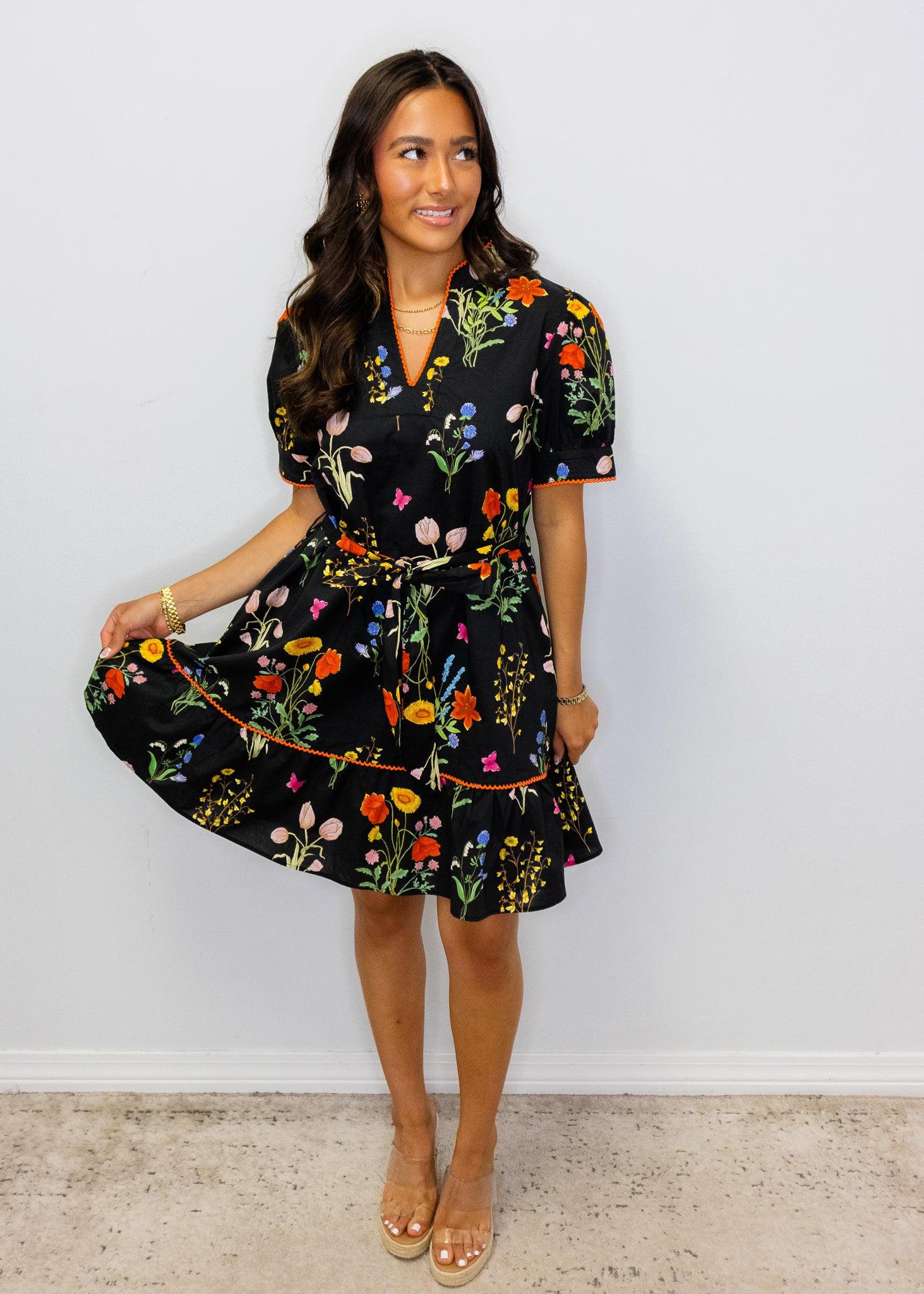 Black Multi Floral Belted Dress