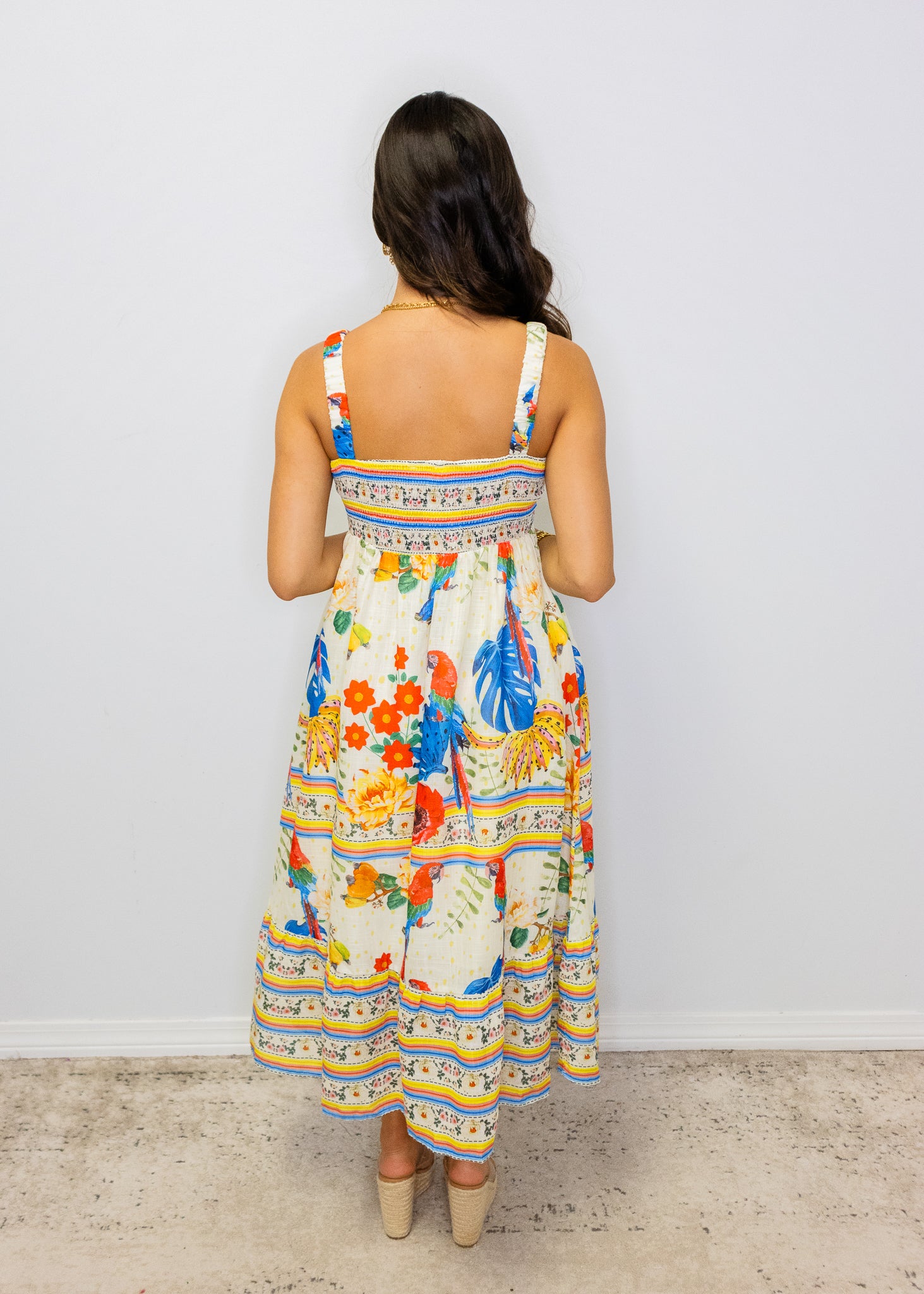 Beige Multi Print Smocked Midi Dress