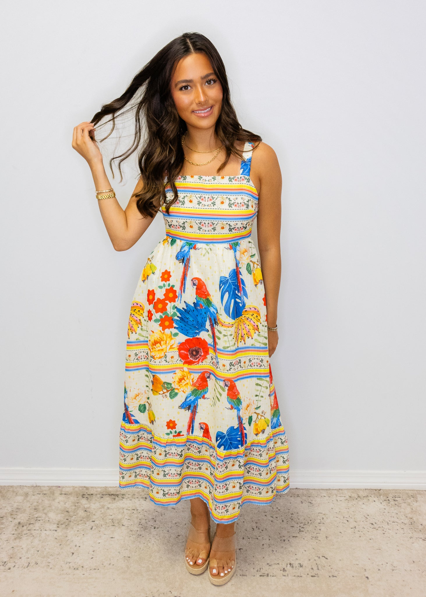 Beige Multi Print Smocked Midi Dress