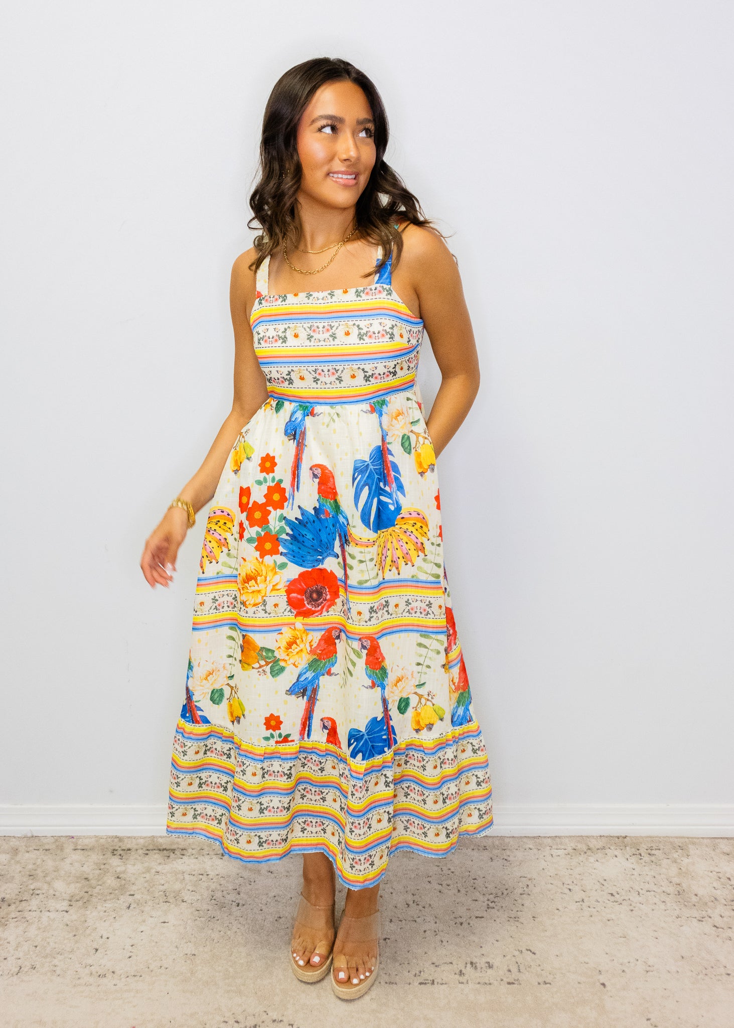 Beige Multi Print Smocked Midi Dress