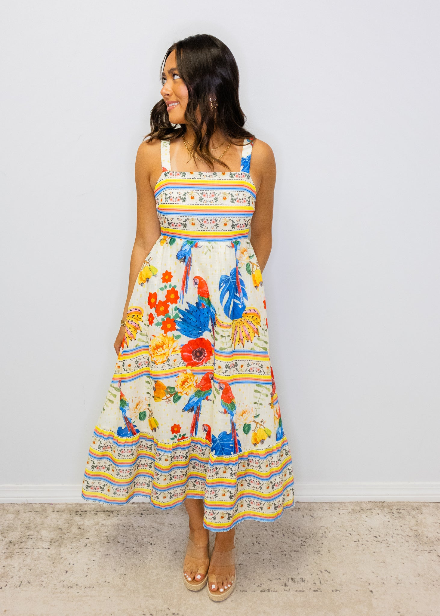 Beige Multi Print Smocked Midi Dress