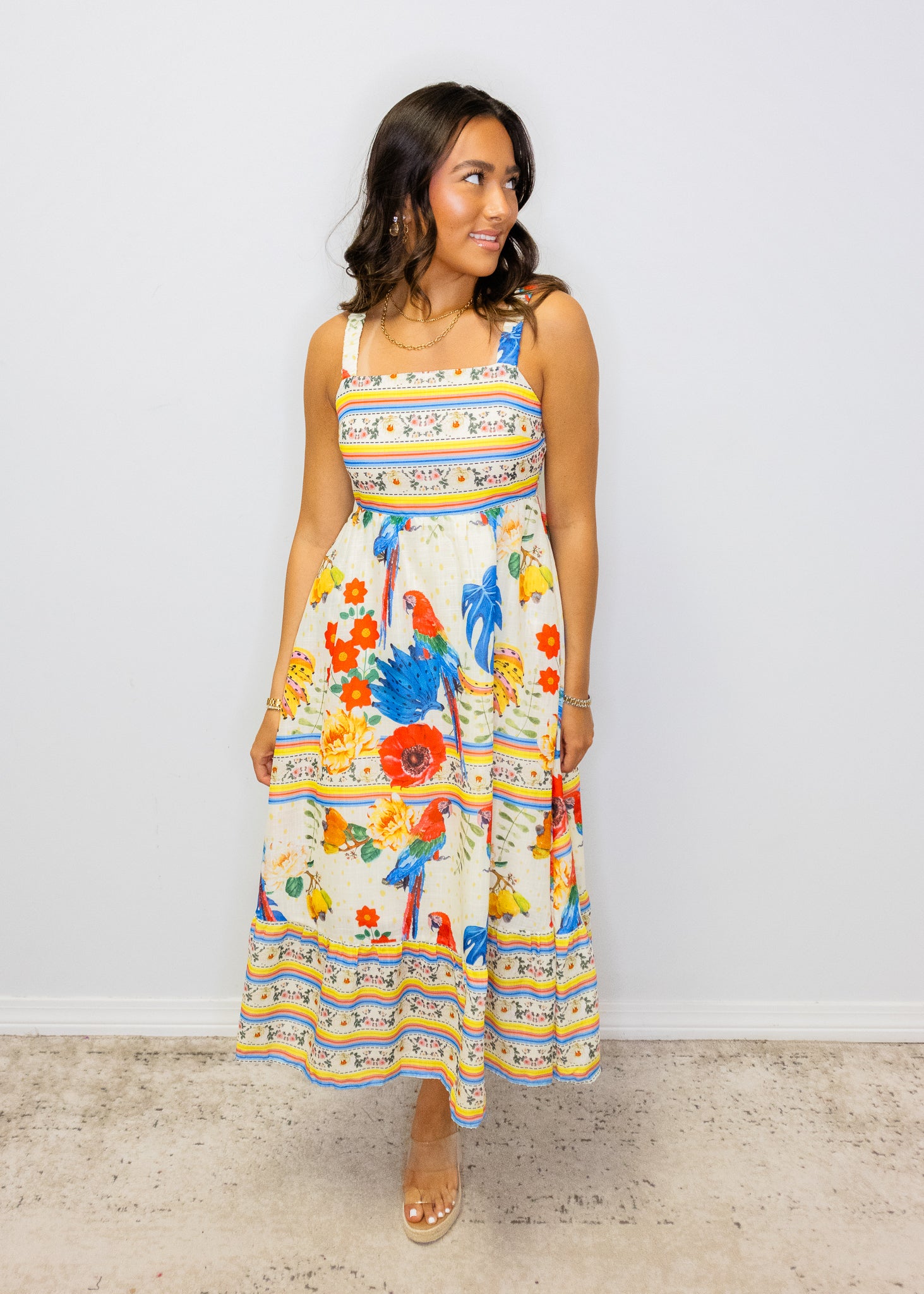 Beige Multi Print Smocked Midi Dress
