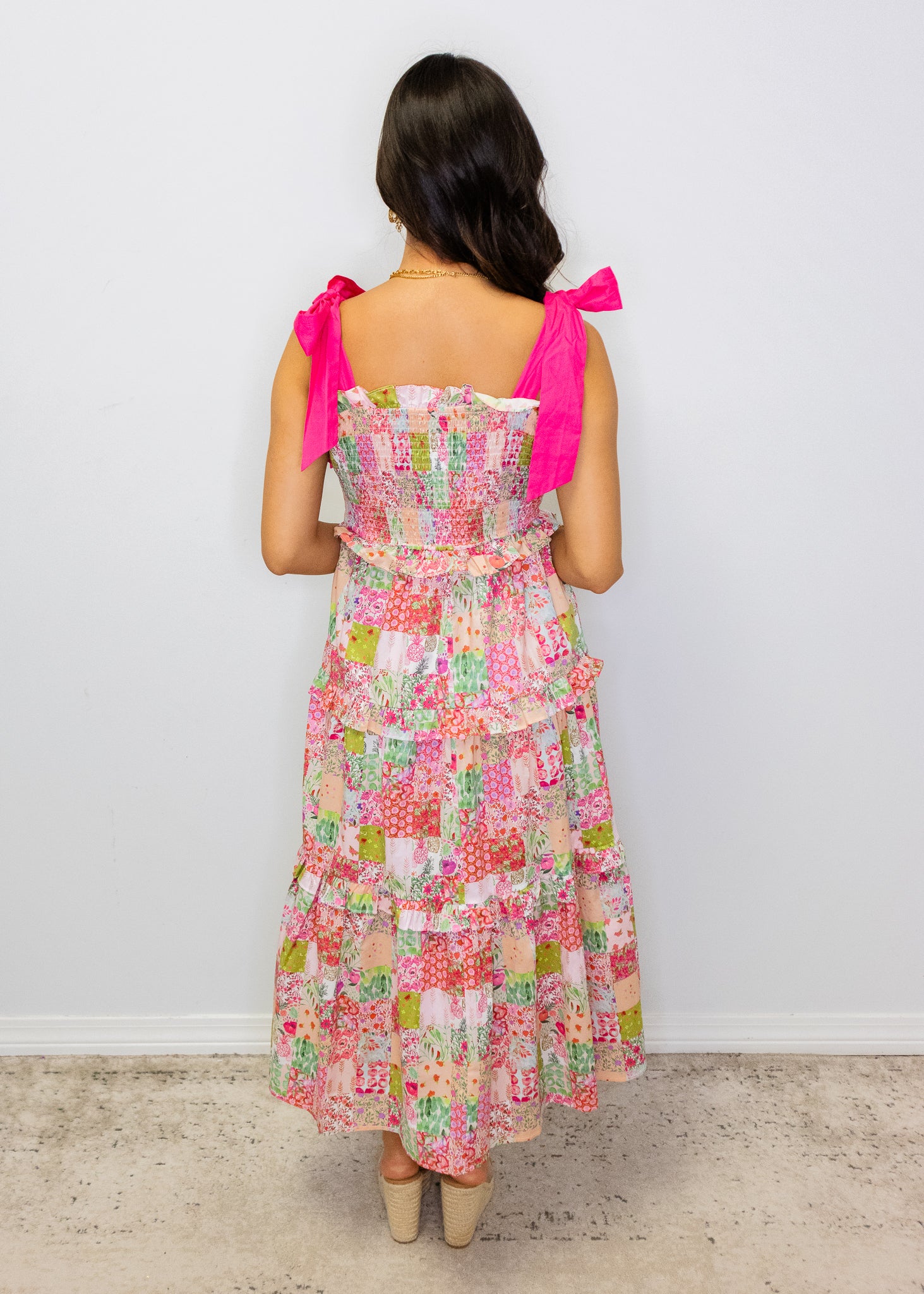 Pink Patchwork Smocked Midi Dress