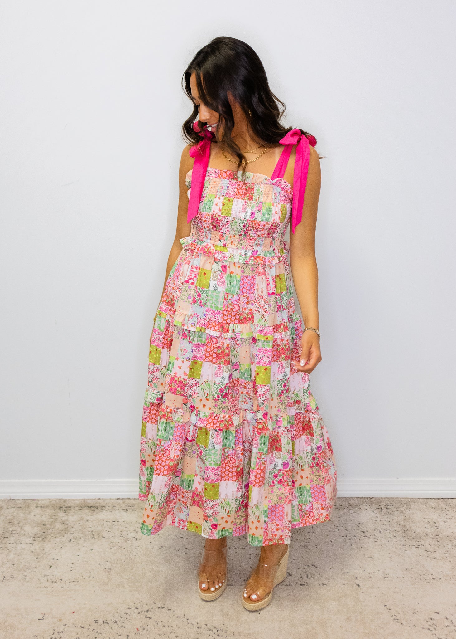 Pink Patchwork Smocked Midi Dress