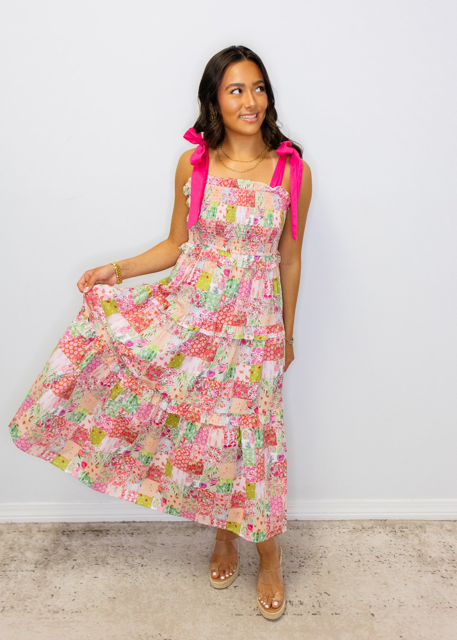 pink patchwork dress Cotton Maxi - All Dresses Discover the Beth Pink Patchwork Smocked Top Maxi Dress Pink Patchwork Midi Dress