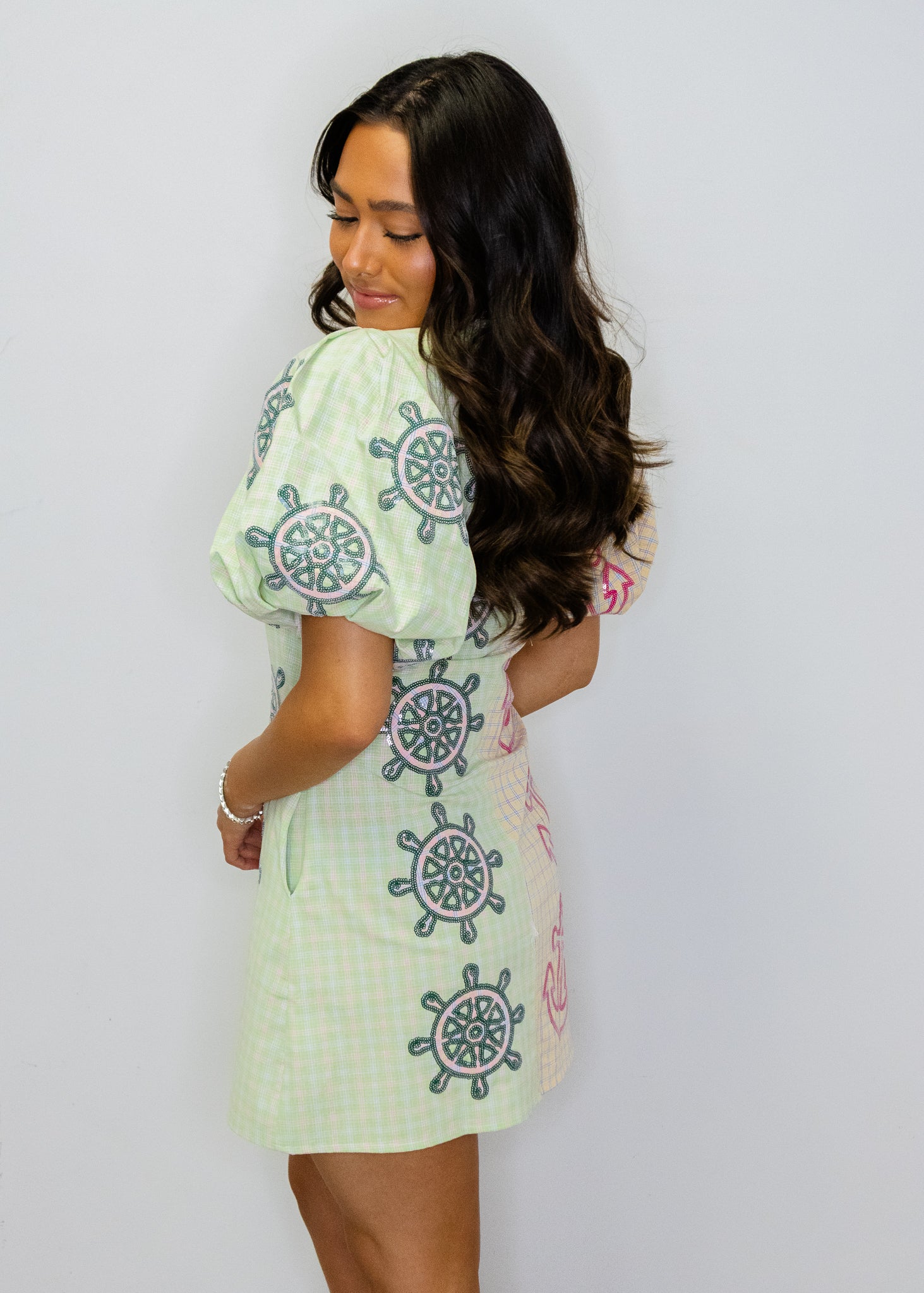Colorblock Plaid Anchor Button Up Poof Sleeve Dress