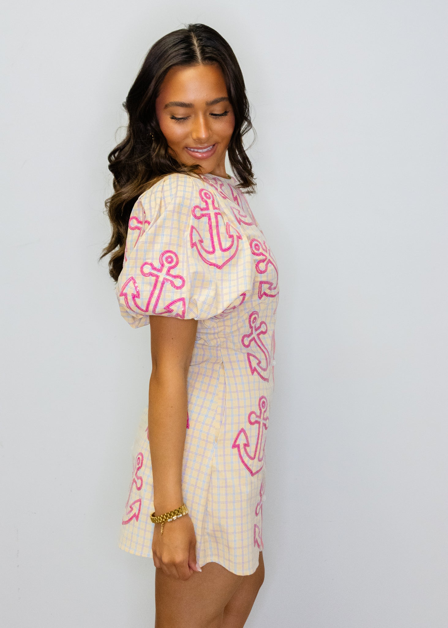 Colorblock Plaid Anchor Button Up Poof Sleeve Dress