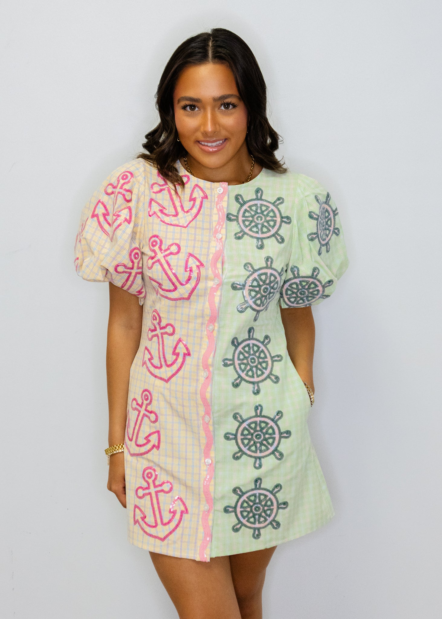 Colorblock Plaid Anchor Button Up Poof Sleeve Dress