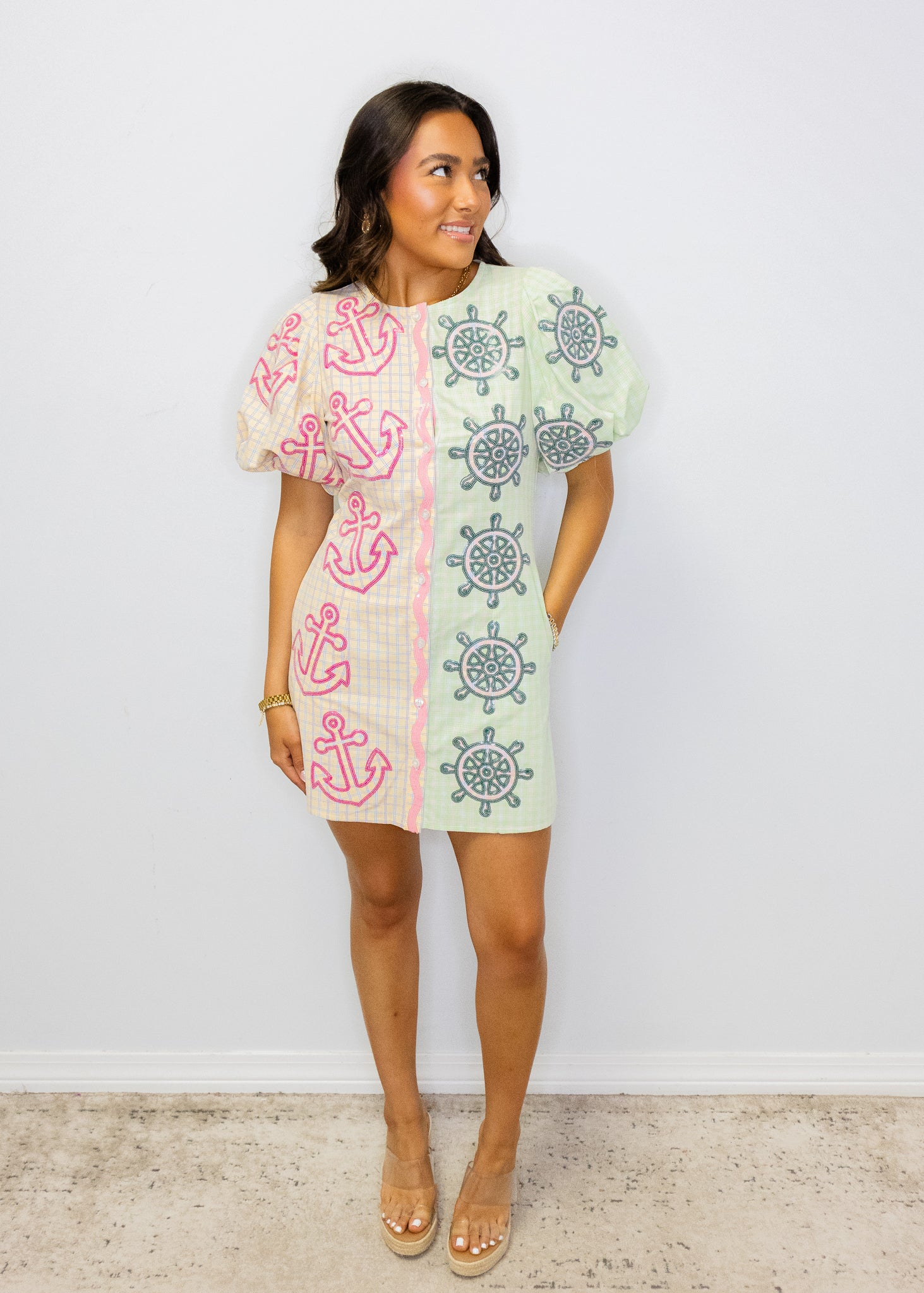 Colorblock Plaid Anchor Button Up Poof Sleeve Dress