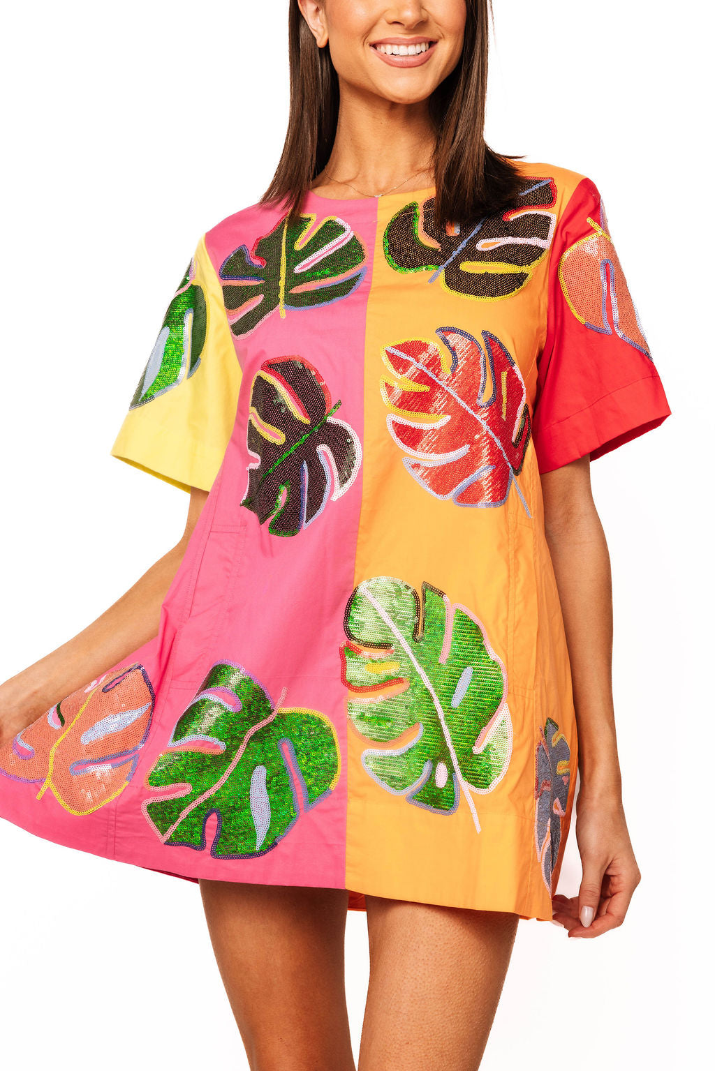 Colorblock Cotton Palm Leaf Short Sleeve Dress