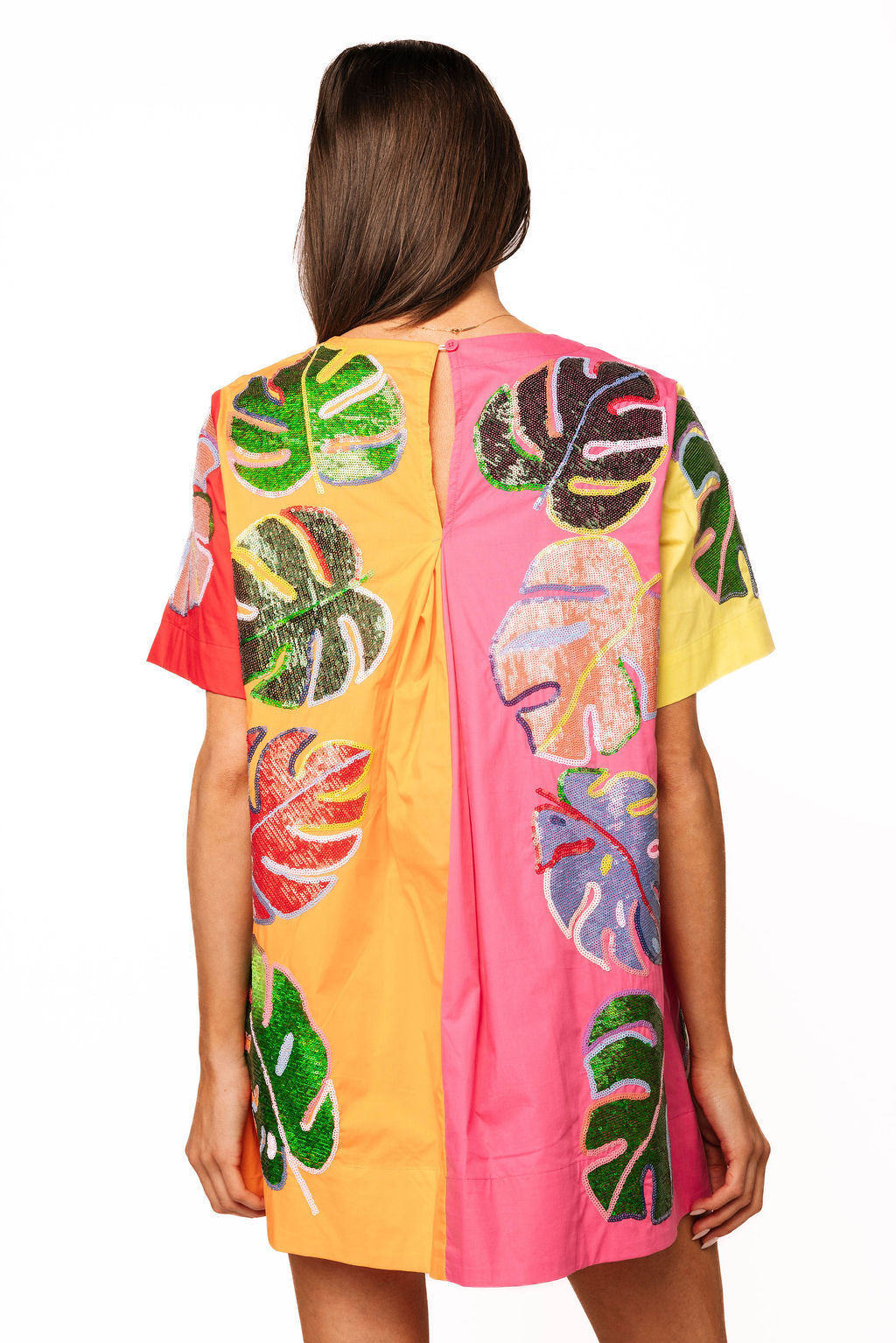 Colorblock Cotton Palm Leaf Short Sleeve Dress