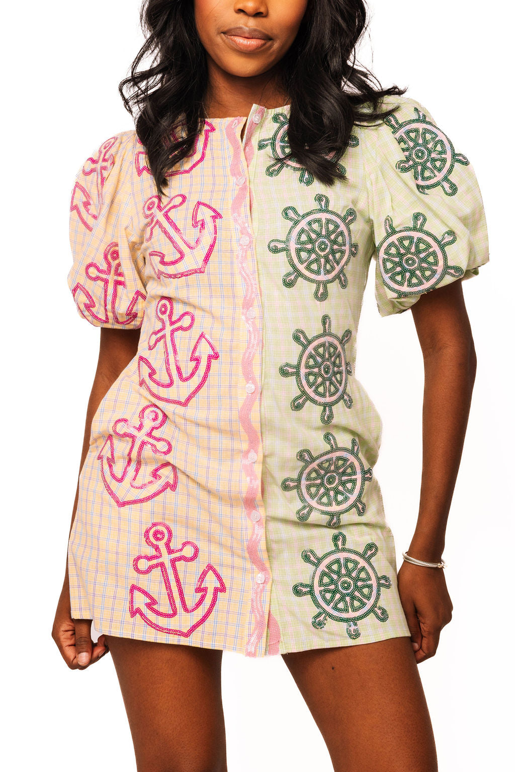 Colorblock Plaid Anchor Button Up Poof Sleeve Dress