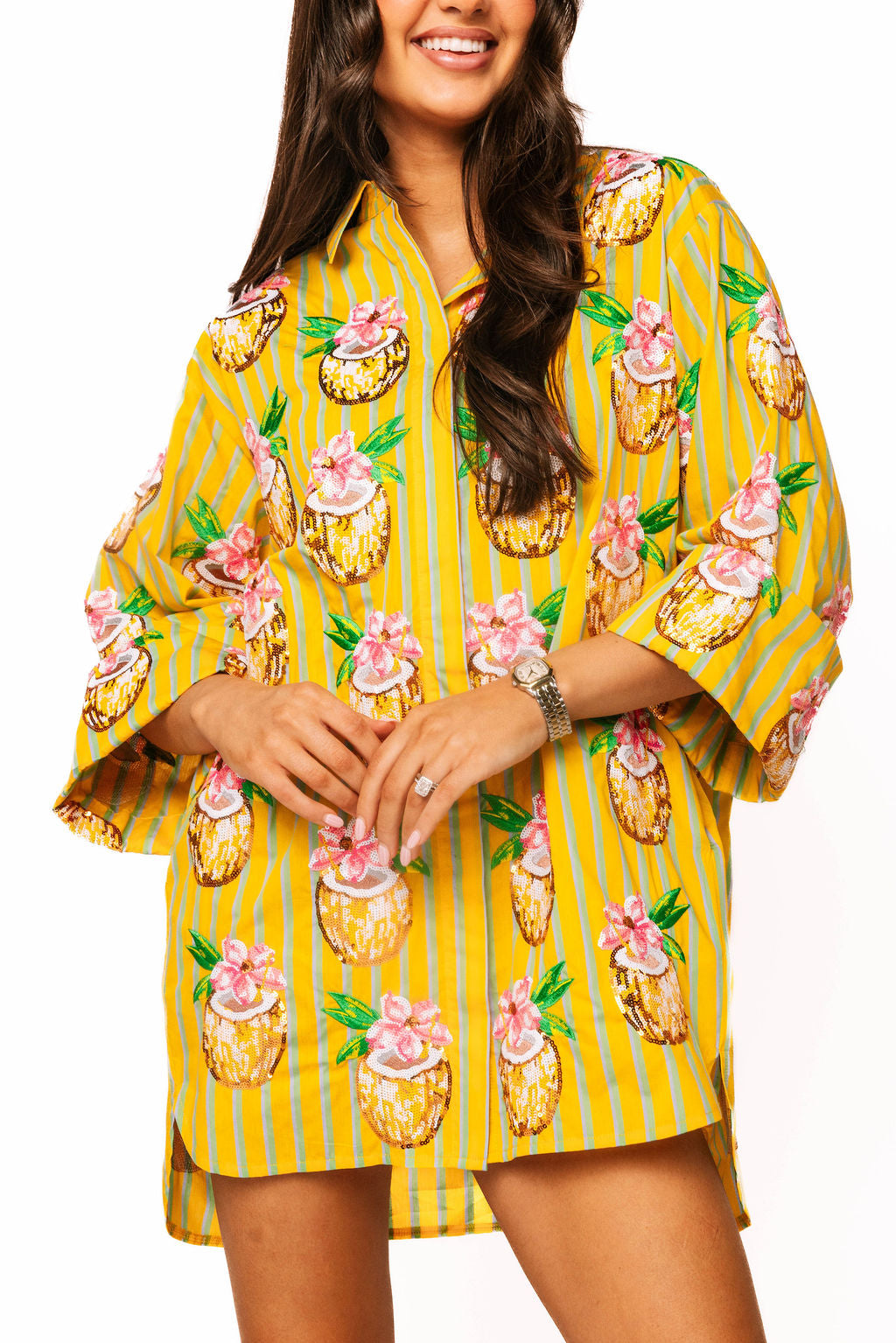 Yellow Striped Coconut Drink Button Up Cotton Tunic