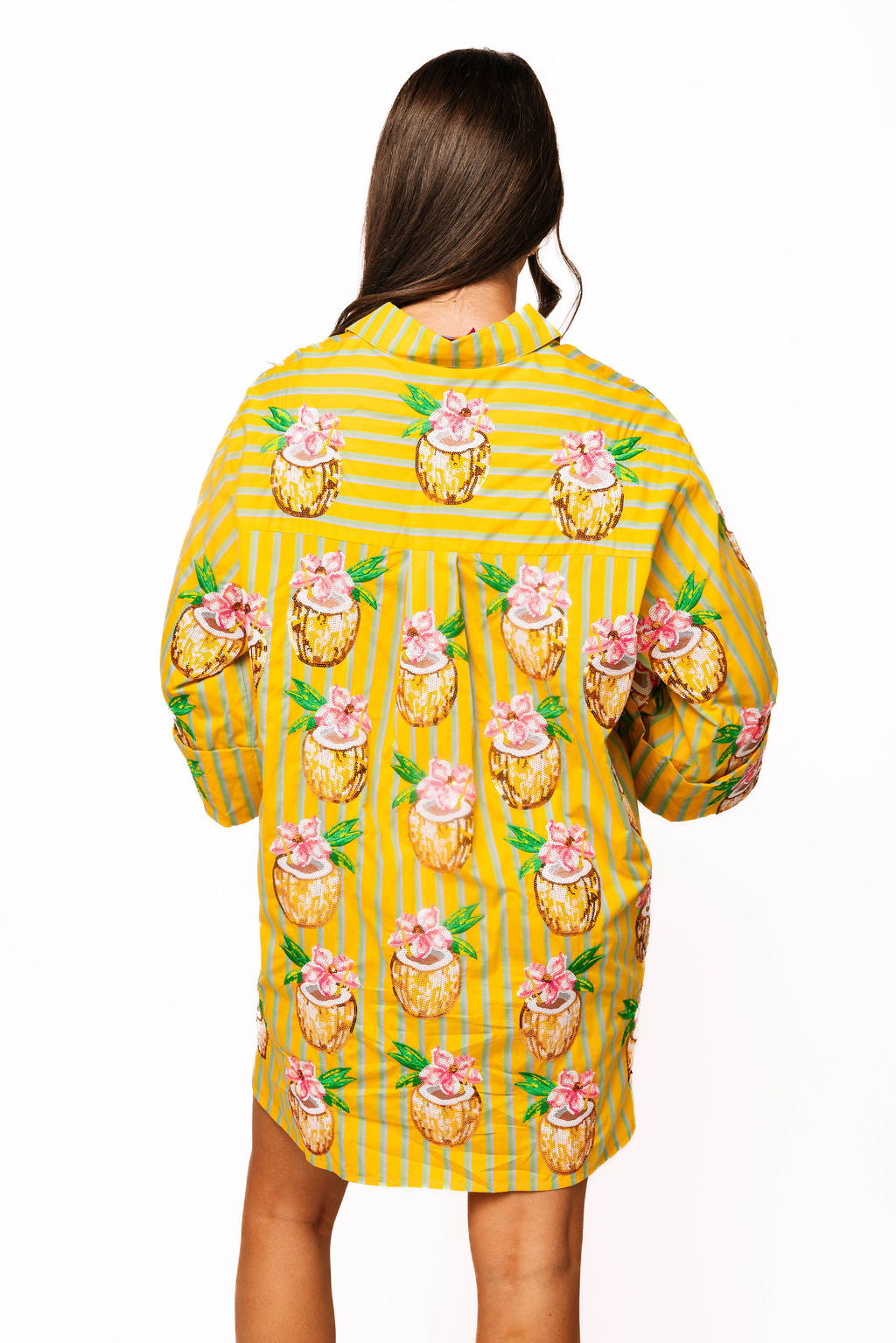 Yellow Striped Coconut Drink Button Up Cotton Tunic
