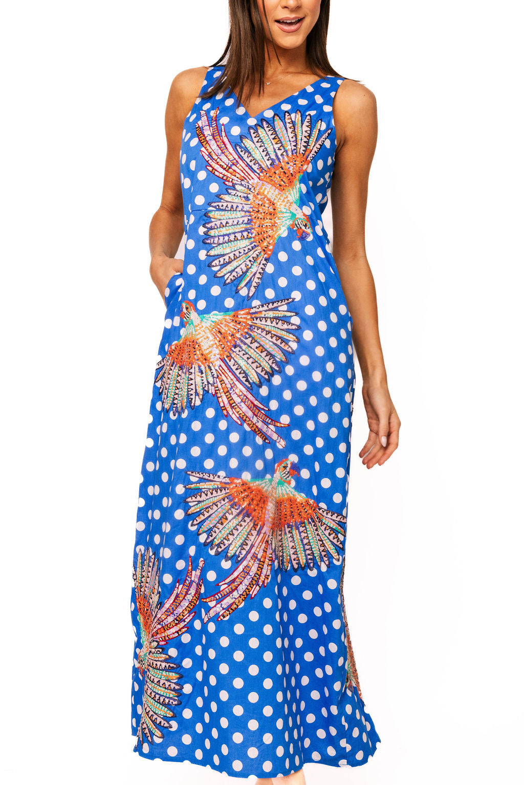 Blue & White Polka Dot Bird Cotton Midi Dress
