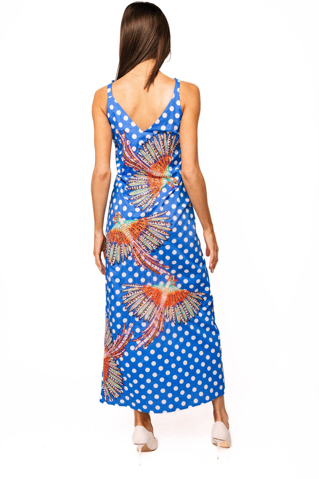 Blue & White Polka Dot Bird Cotton Midi Dress