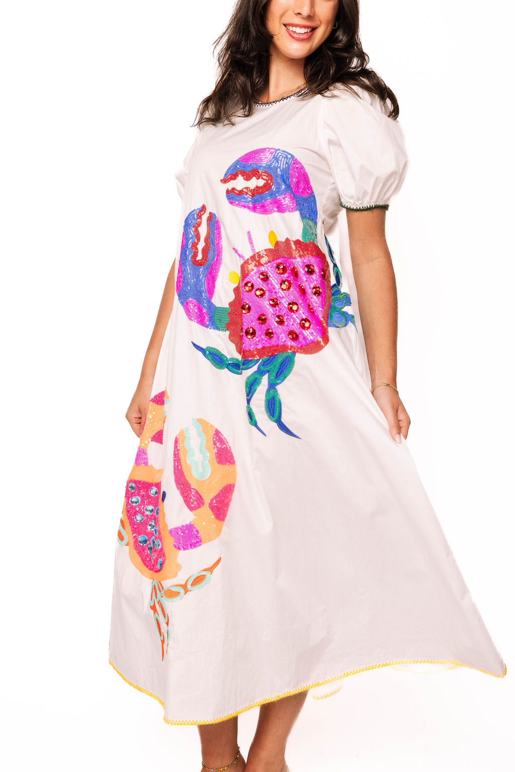 White Tie Back Multi Crab Cotton Midi Dress
