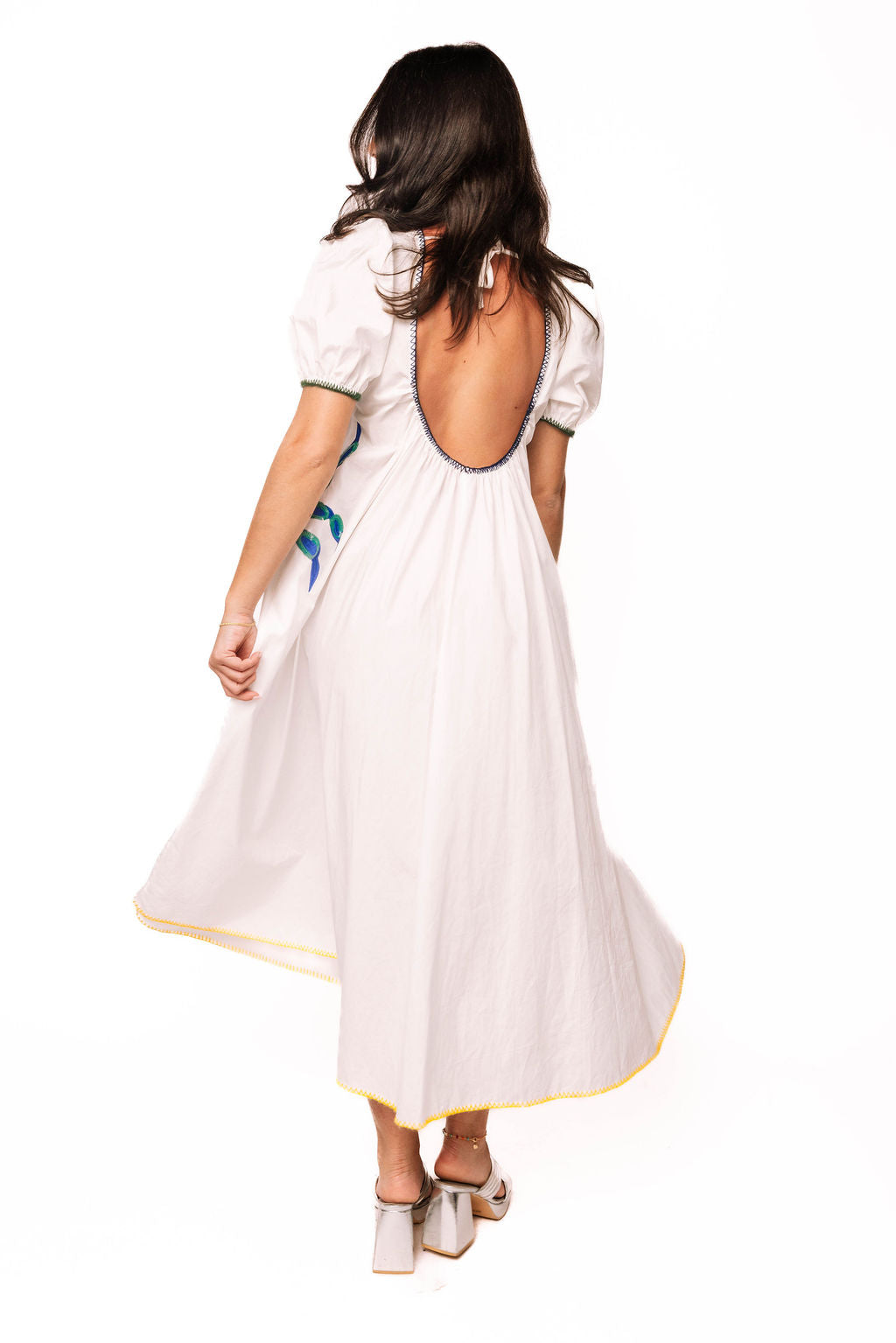 White Tie Back Multi Crab Cotton Midi Dress