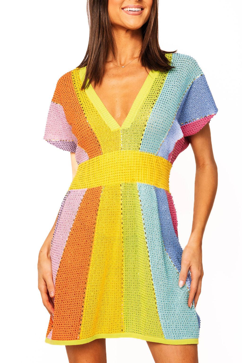 Rainbow Rhinestone V Neck Dress