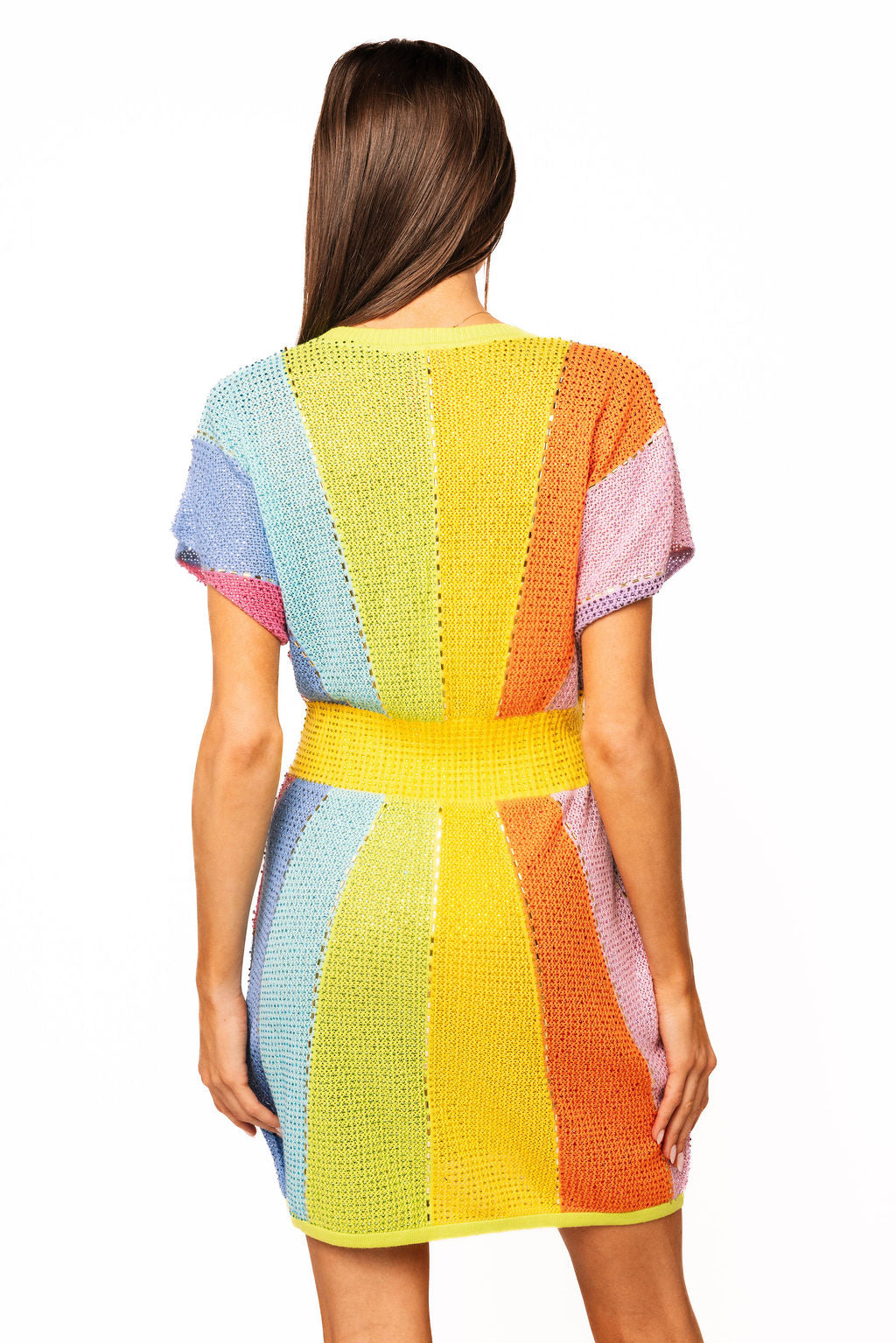 Rainbow Rhinestone V Neck Dress