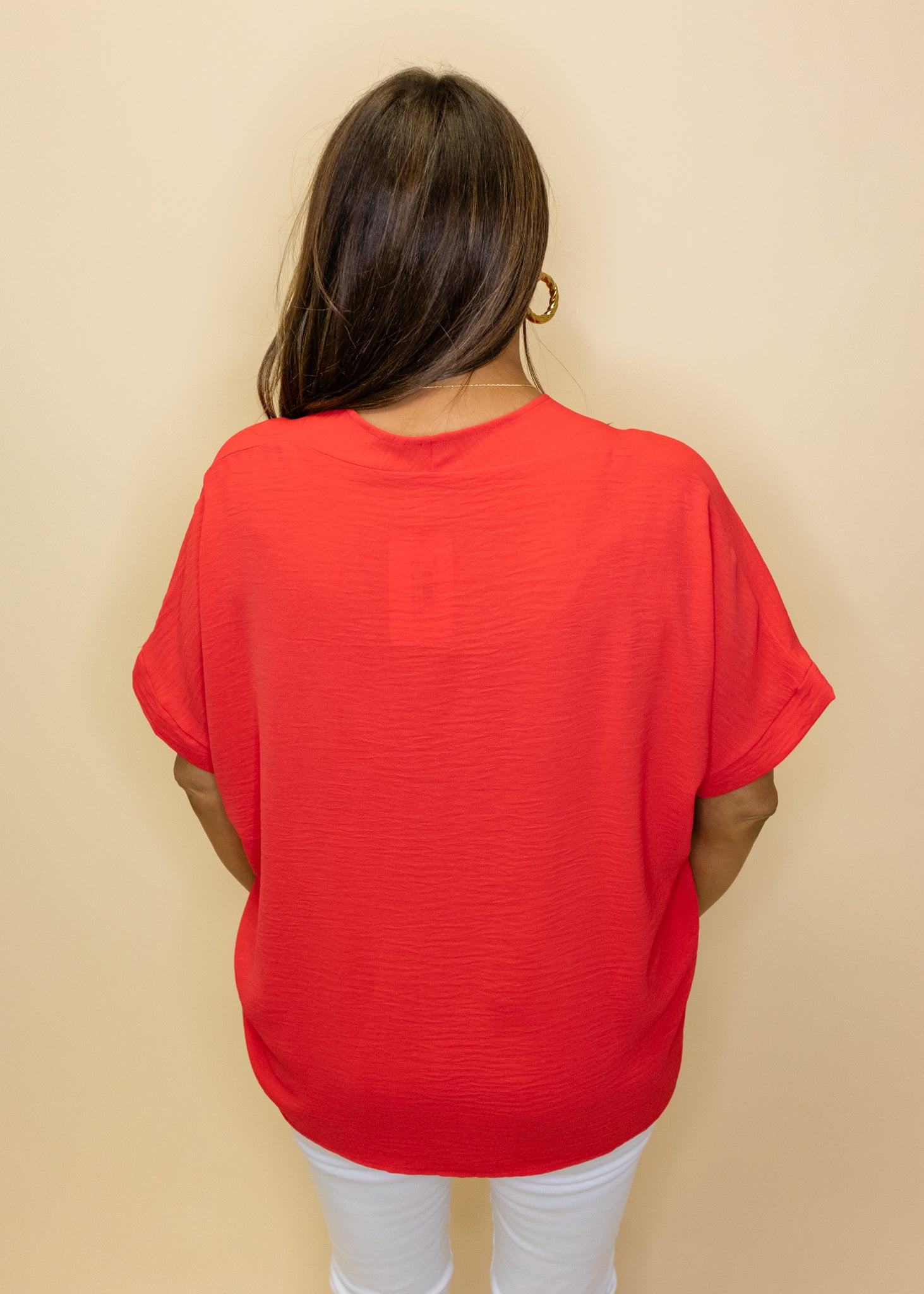 Red V-Neck Short Sleeve Top