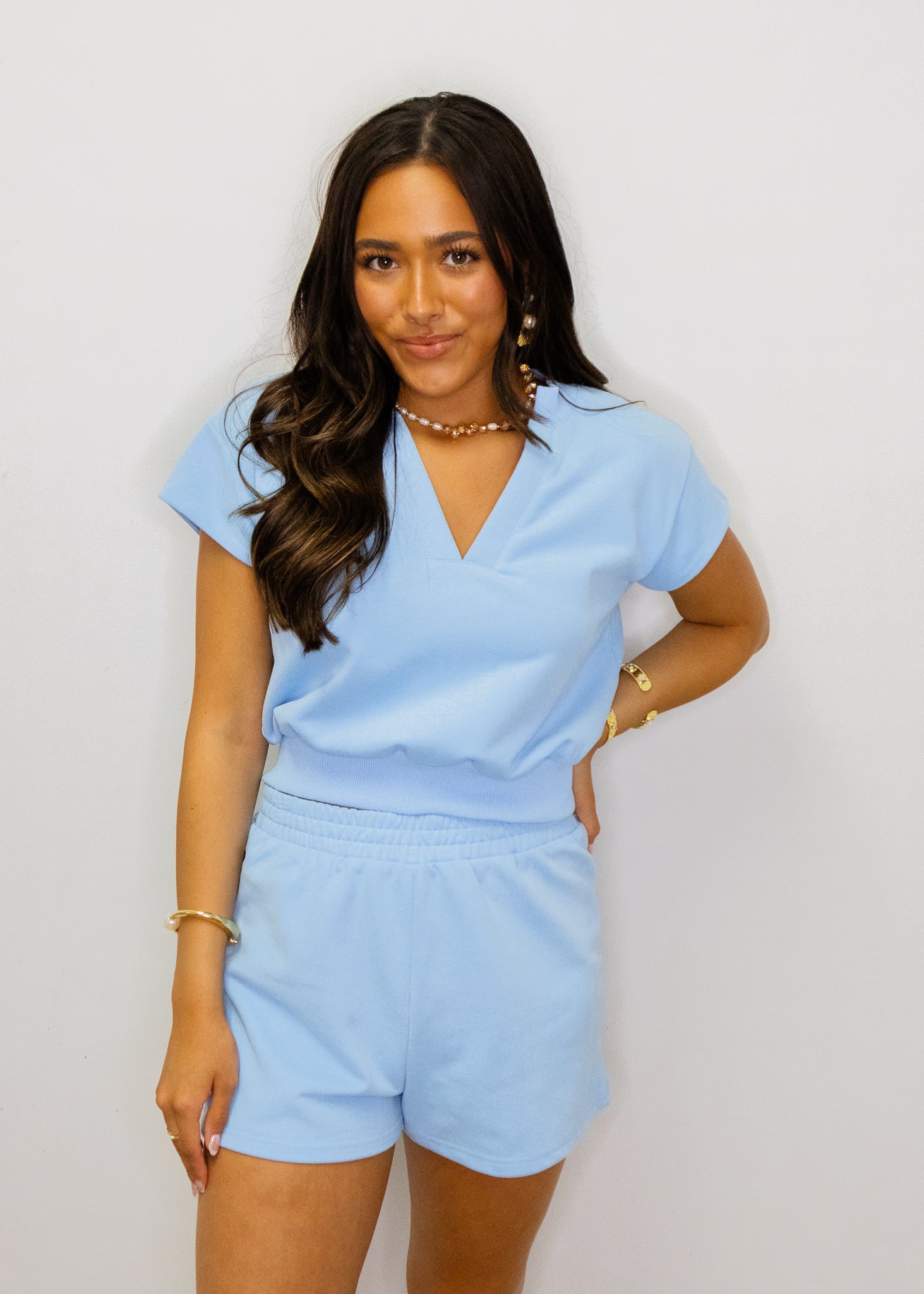 Light Blue V-Neck Short Sleeve Top And Short Set