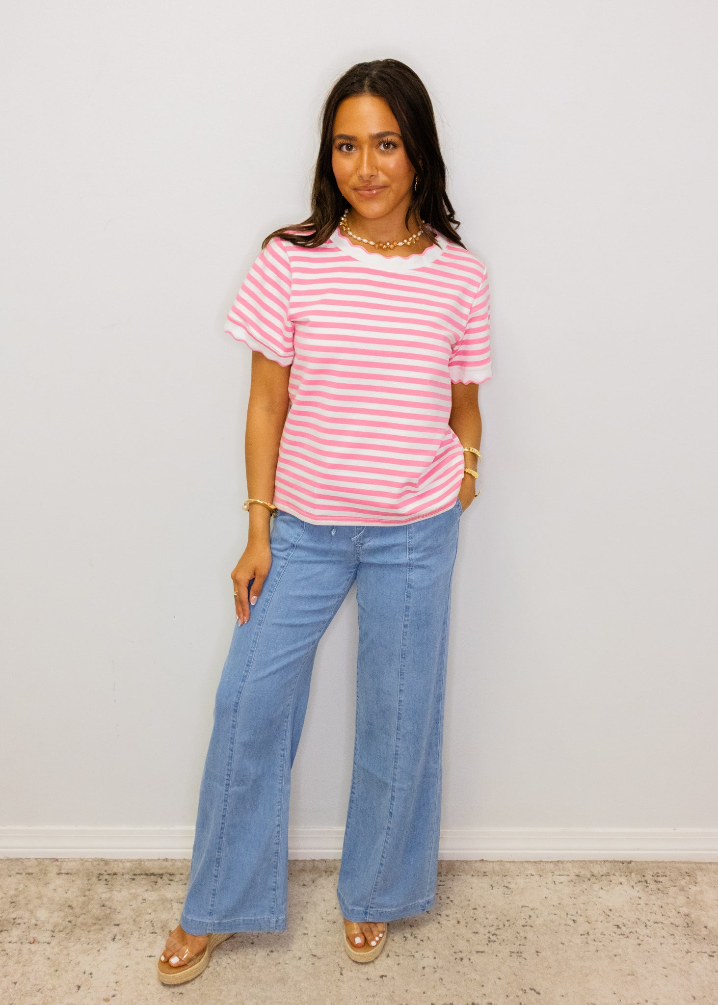 Pink Striped Scallop Edge Top