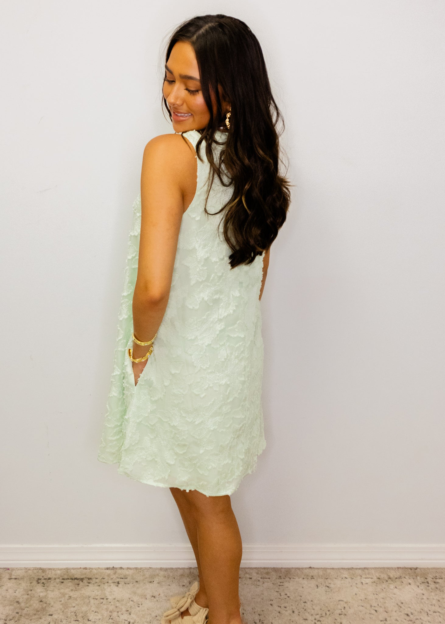 Pearl Green Jacquard A-Line Dress